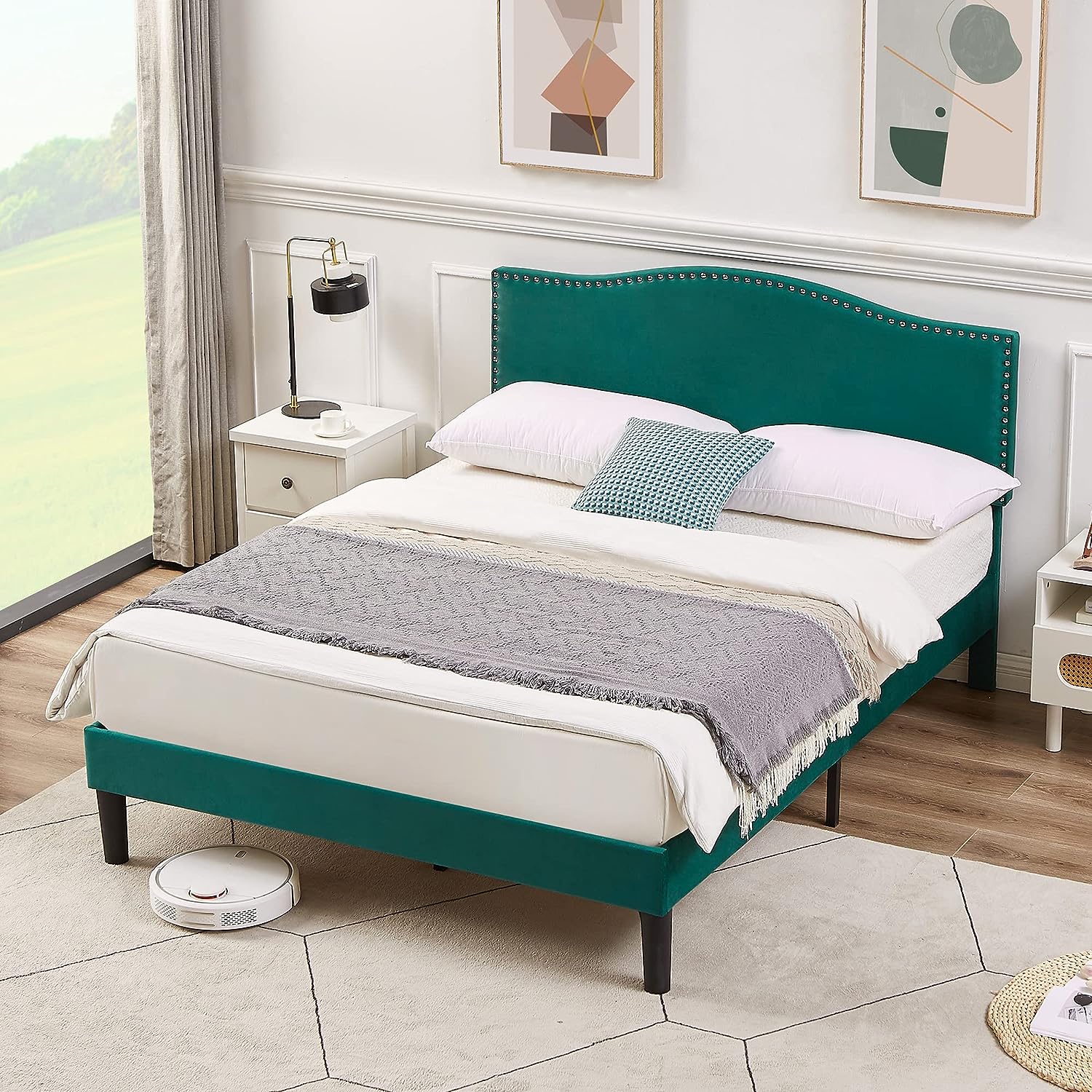 VECELO Bed Frame Platform with Upholstered Headboard & Wooden Slats Support - VECELO