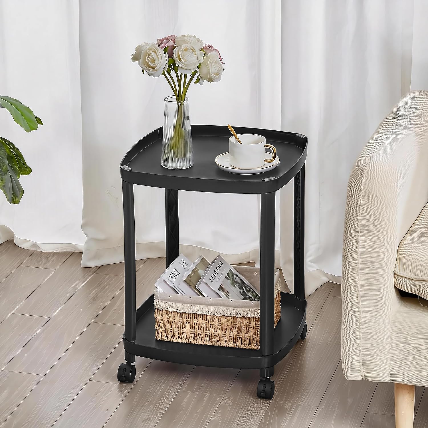 VECELO Rolling End Side Table with Lockable Wheels