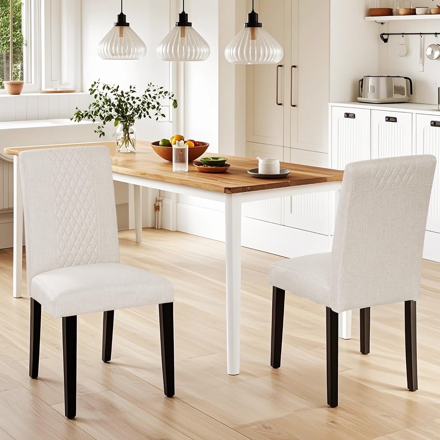 VECELO Dining Chairs Set of 2, Upholstered Fabric Wood Legs High Back for Kitchen Living Room