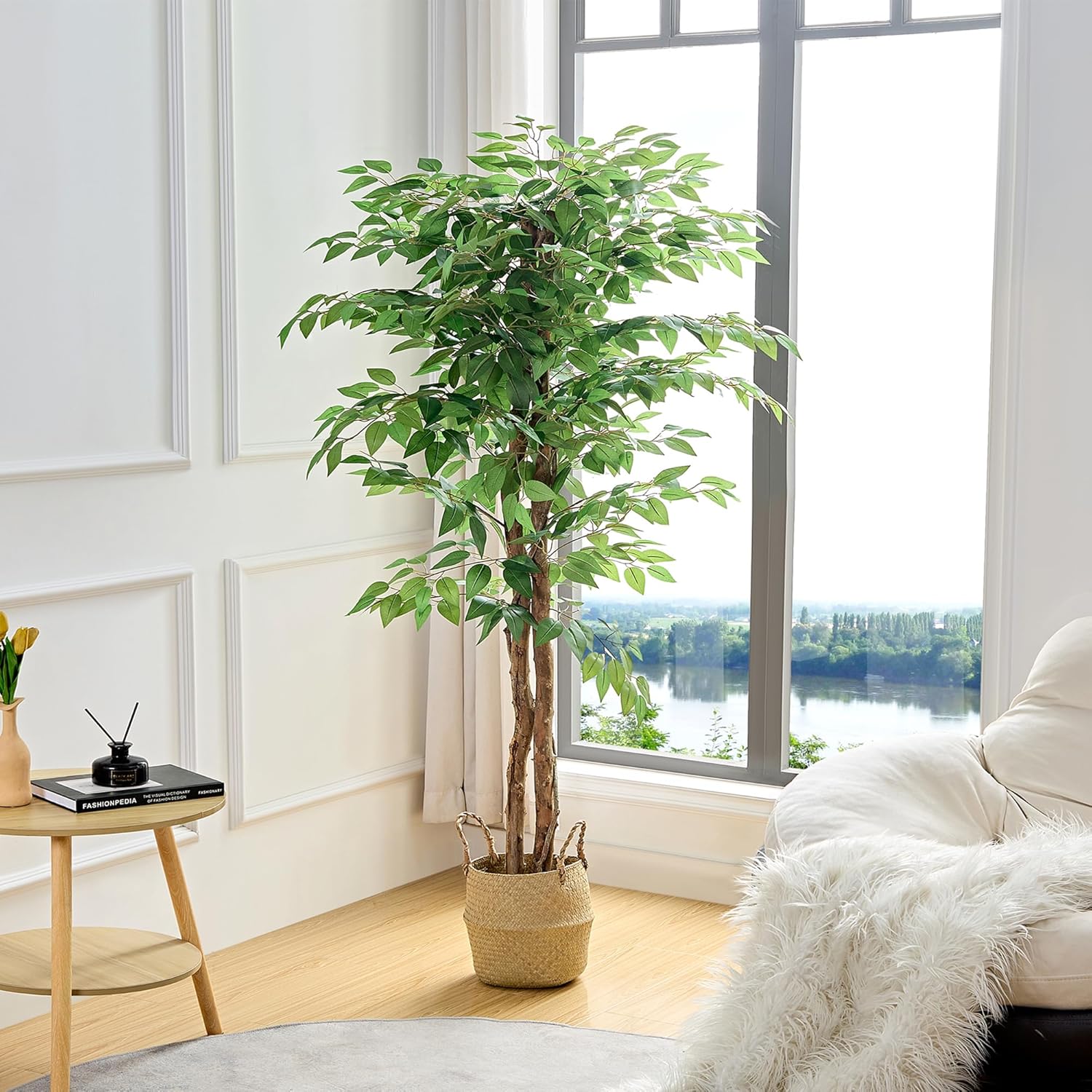 large artificial plant in white pot VECELO Artificial Ficus Tree with Sturdy Nursery Pot, 5FT and 6FT Faux