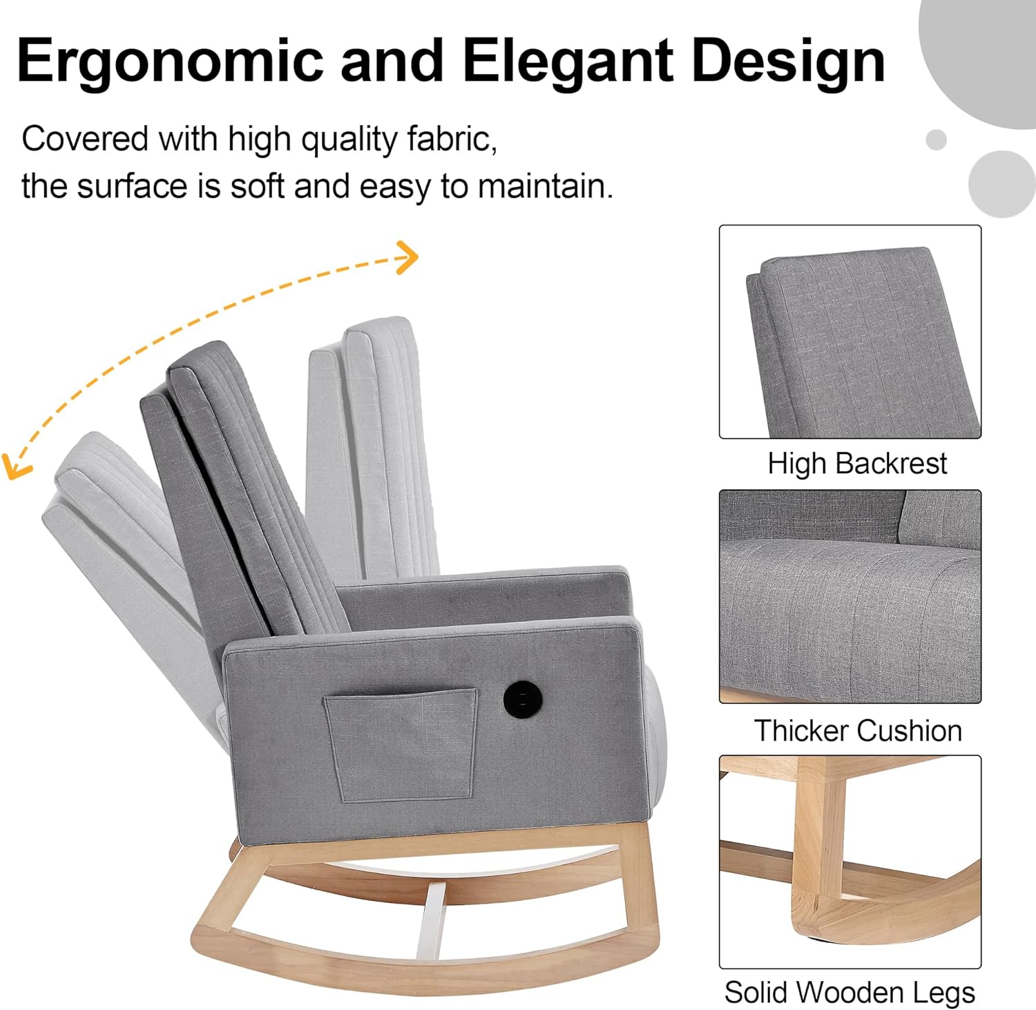 VECELO Rocking Chair Upholstered Nursery Glider Rocker High Backrest Comfy Armchair with Side Pocket and USB Port