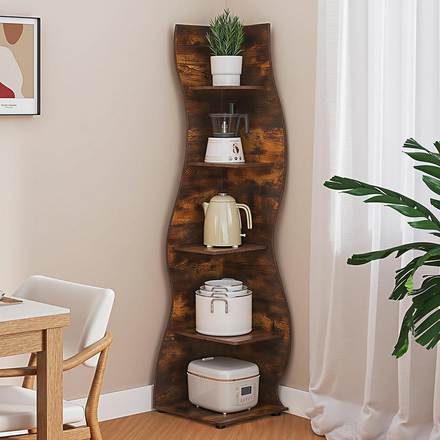 VECELO Wavy Corner Shelf, Decorative 5-Tier Storage Bookshelf