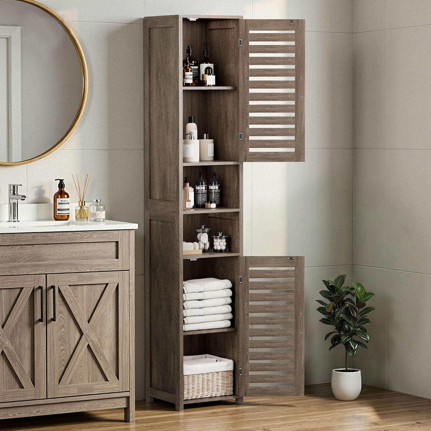 VECELO Tall Bathroom Cabinet with 2 Doors, 67" H Narrow Storage Unit with Adjustable Shelves
