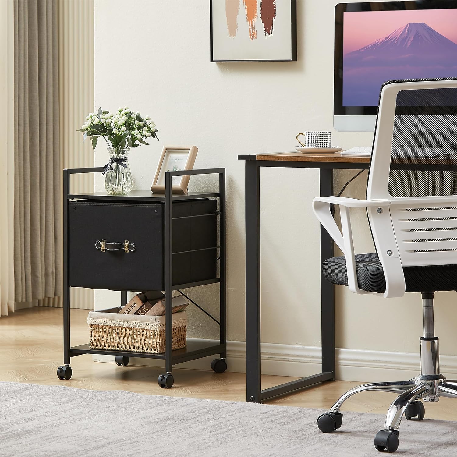 VECELO Mobile Vertical Filing Cabinet, Rolling Printer Shelf with Handle