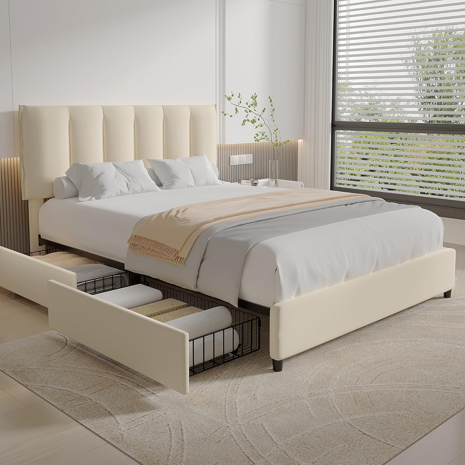 VECELO Upholstered Bed Frame with 4 Storage Drawers and Adjustable Velvet Headboard