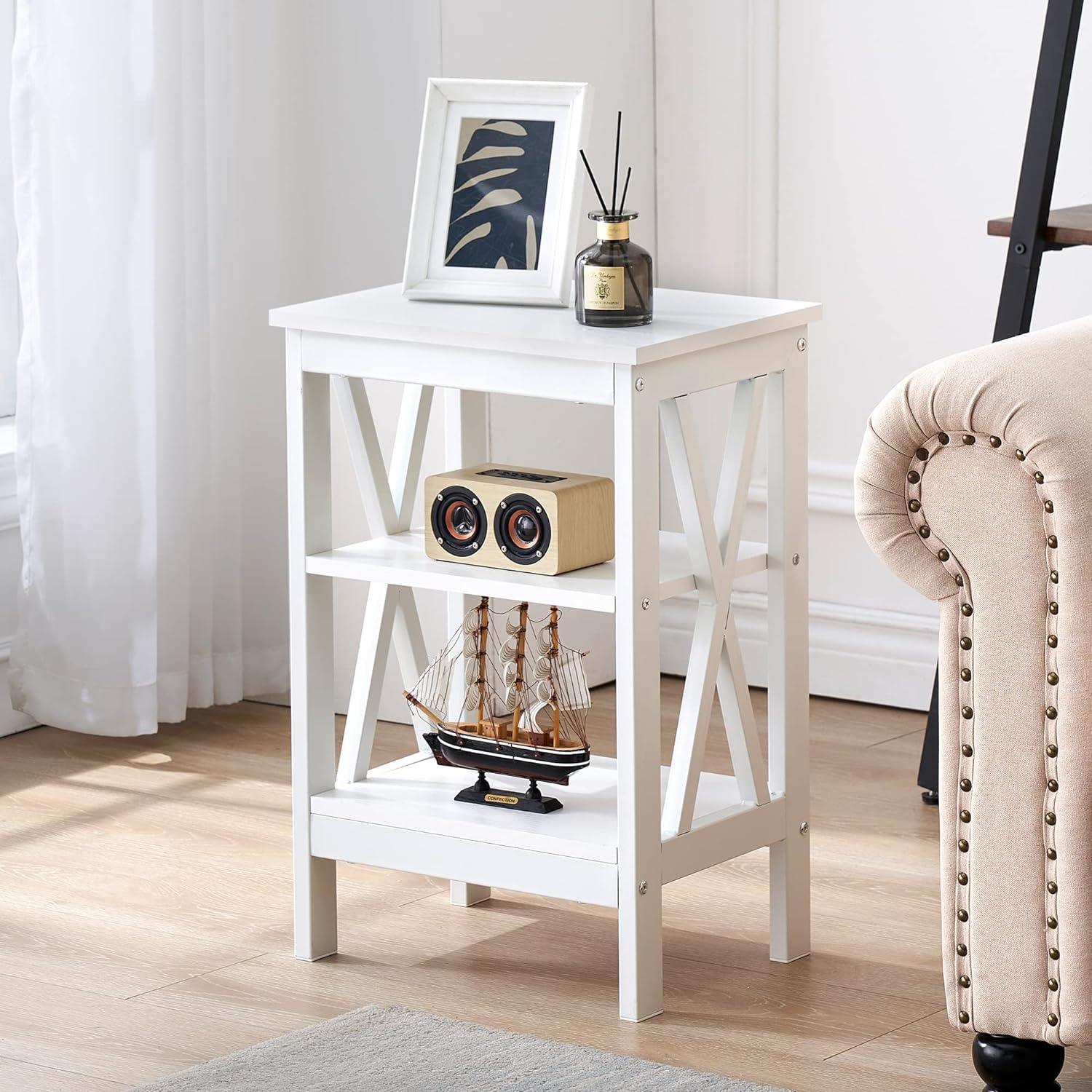Modern Nightstand/Side End Table with X-Design Frame & 3-Tiers Open Storage Shelf