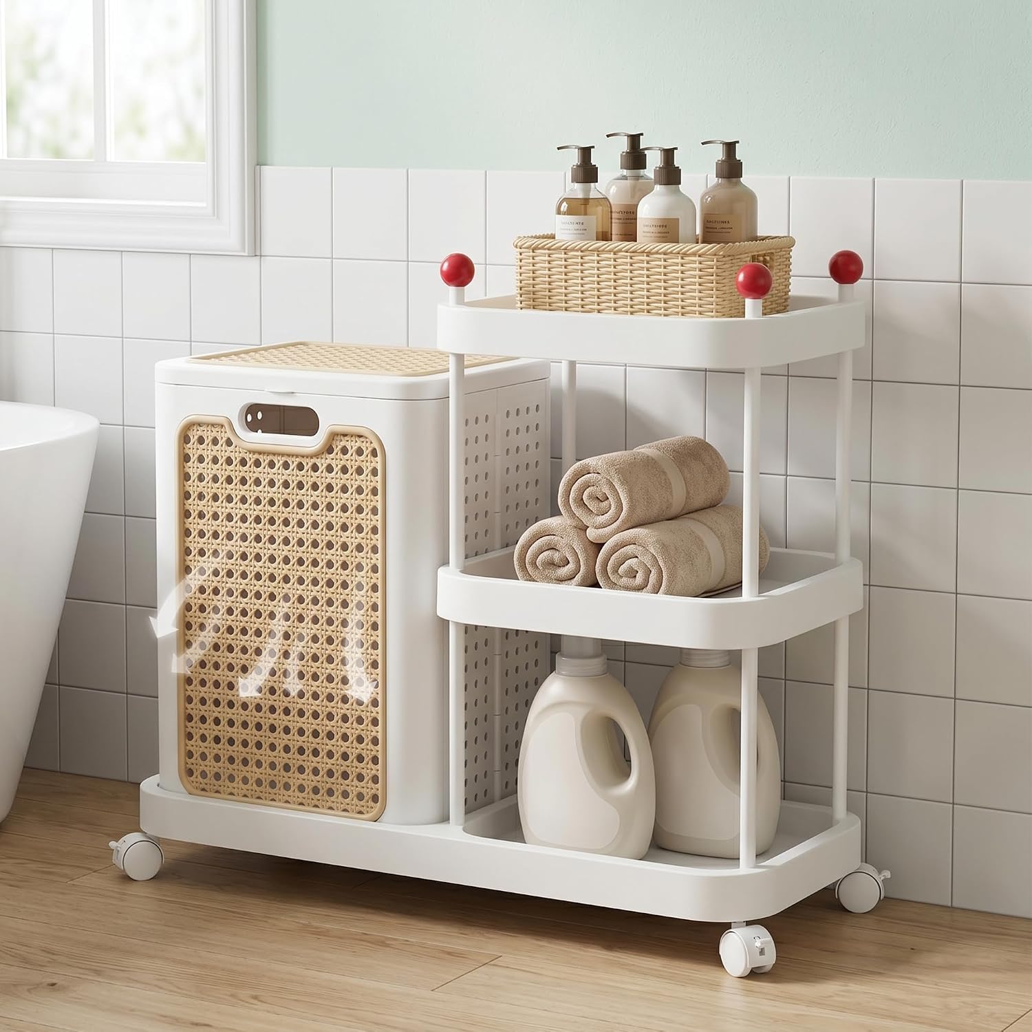 VECELO Rattan-Style Rolling Laundry Hamper Cart