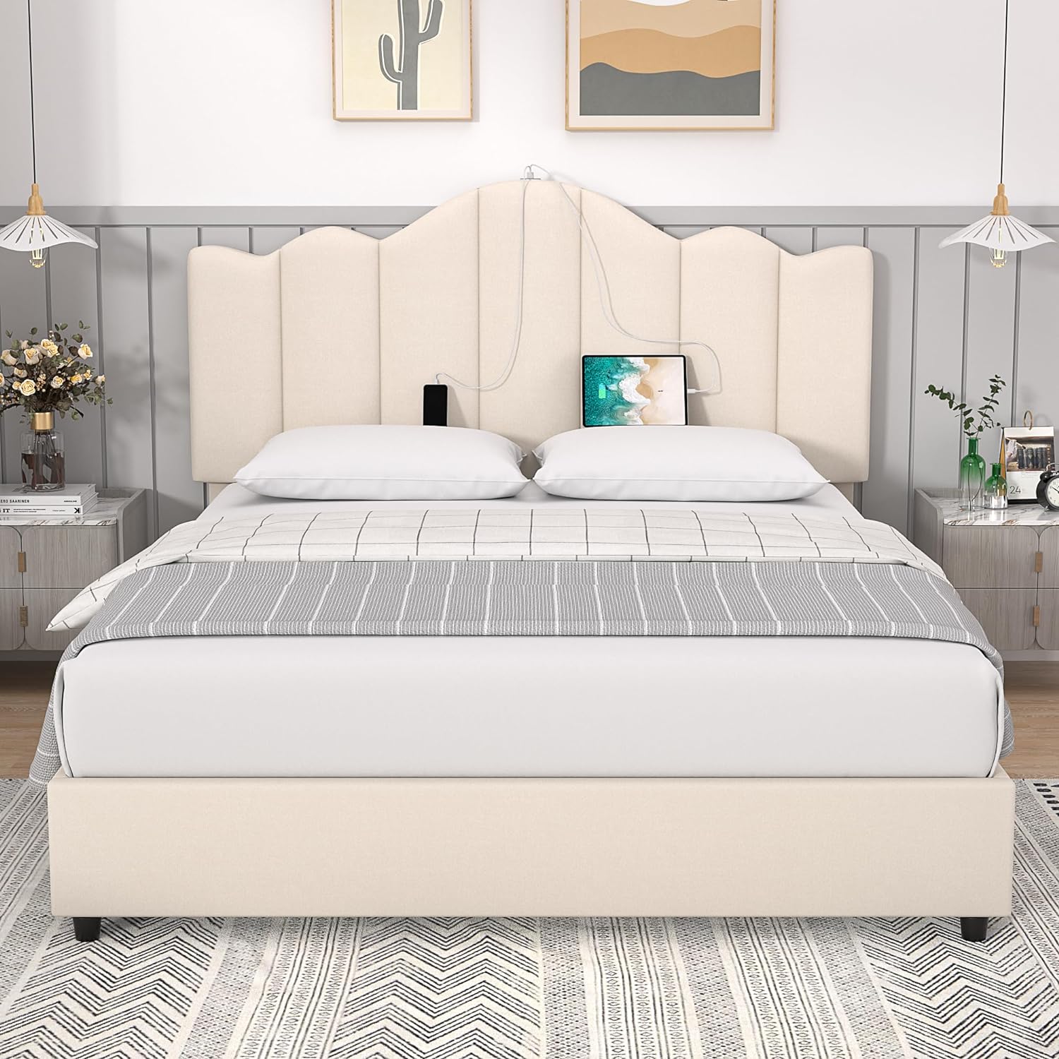 VECELO Upholstered Platform Bed Frame with Type-C & USB Charging Stations
