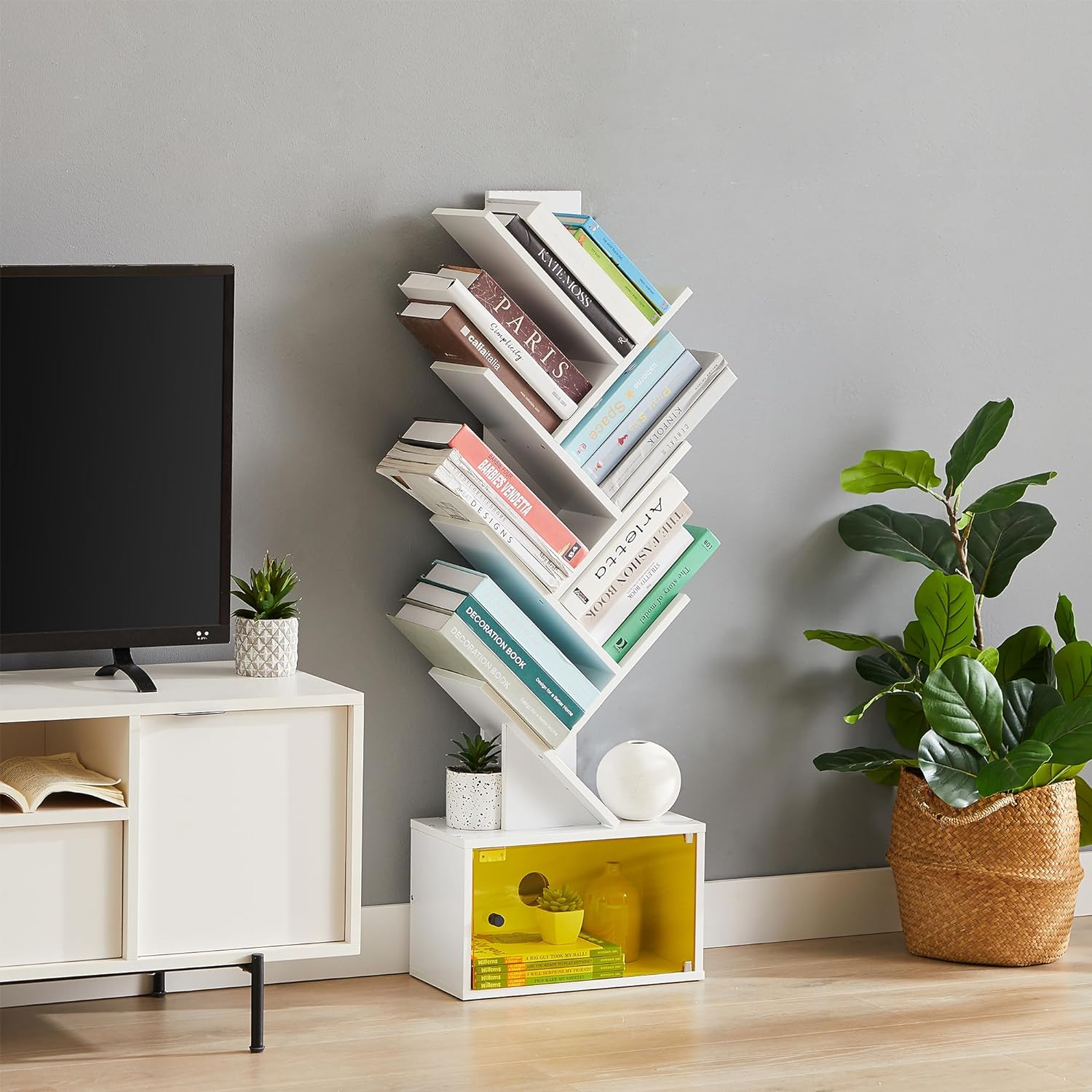 VECELO Tree Bookshelf, 7-Tier Tree Bookcase Wood Shelves Display with Storage Cabinet