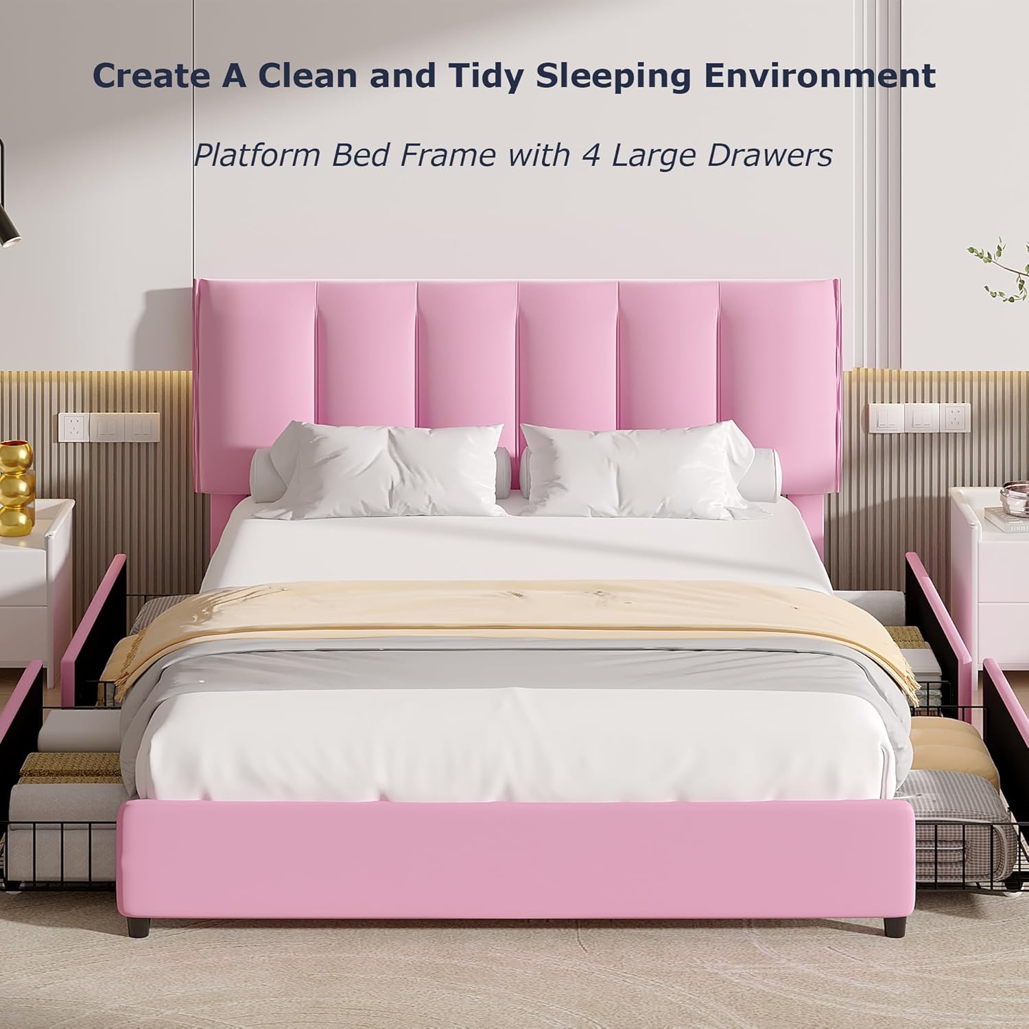 VECELO Upholstered Bed Frame with 4 Storage Drawers and Adjustable Velvet Headboard