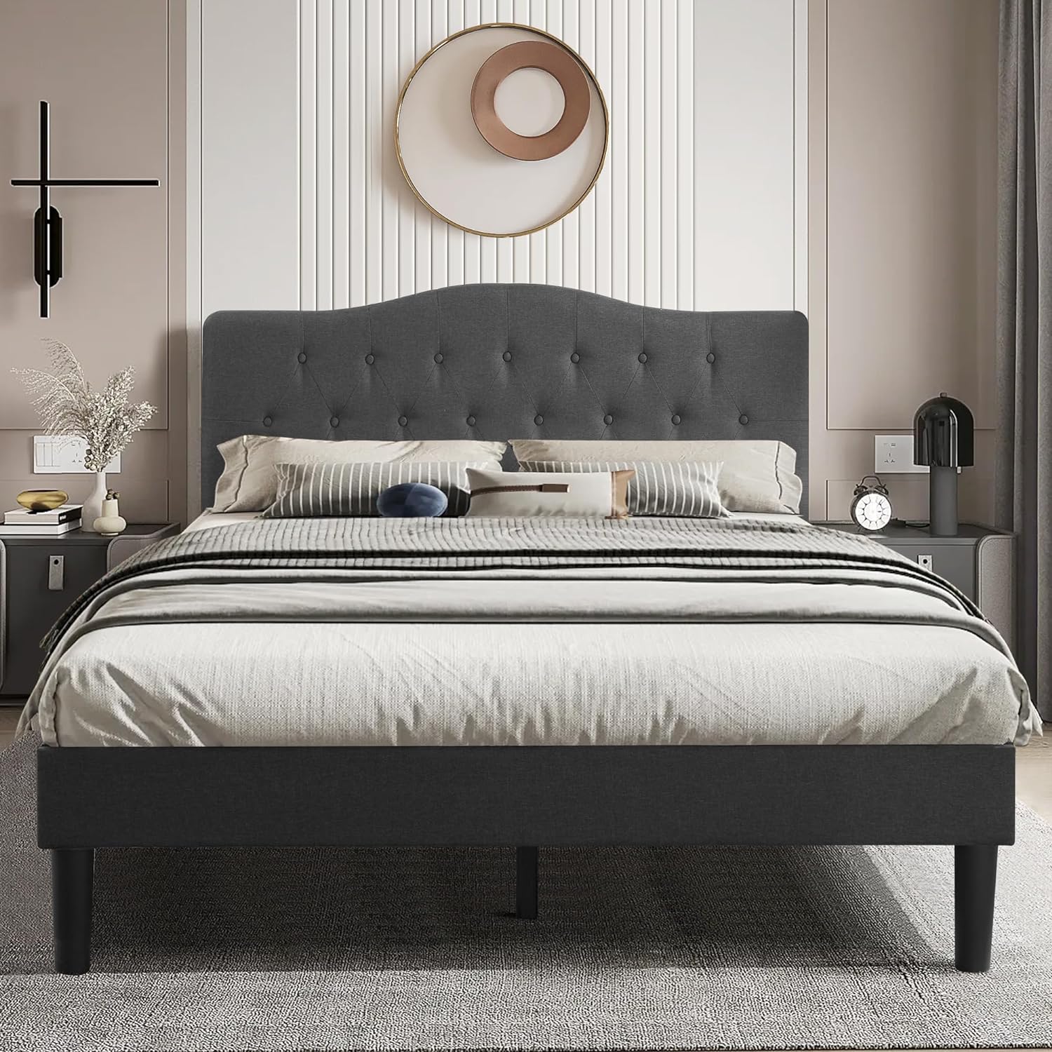 VECELO Classic Upholstered Platform Bed Frame with Diamond Stitched Cloth