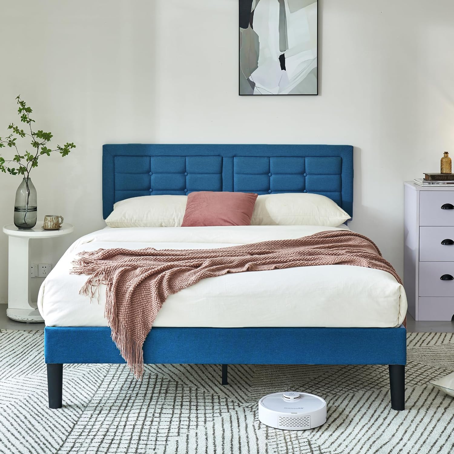 VECELO Upholstered Platform Bed Frame with Height Adjustable Headboard