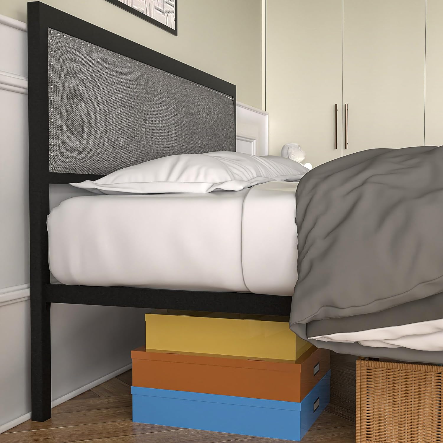 VECELO Bed Frame with Linen Fabric Headboard and Footboard No Box Spring Needed - VECELO