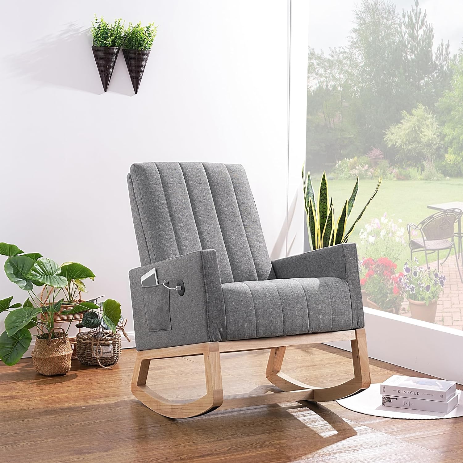 VECELO Rocking Chair Upholstered Nursery Glider Rocker High Backrest Comfy Armchair with Side Pocket and USB Port