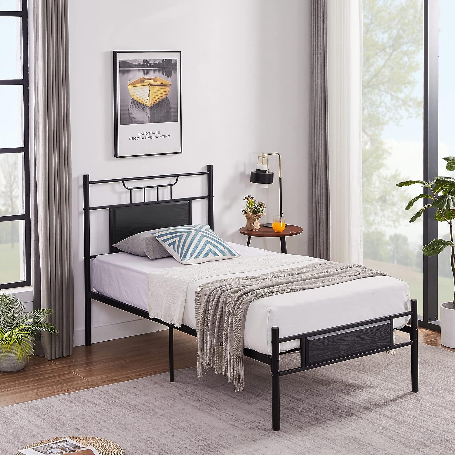 VECELO Platform Bed Frame with Wood Headboard No Box Spring Needed Heavy Duty Steel Slat