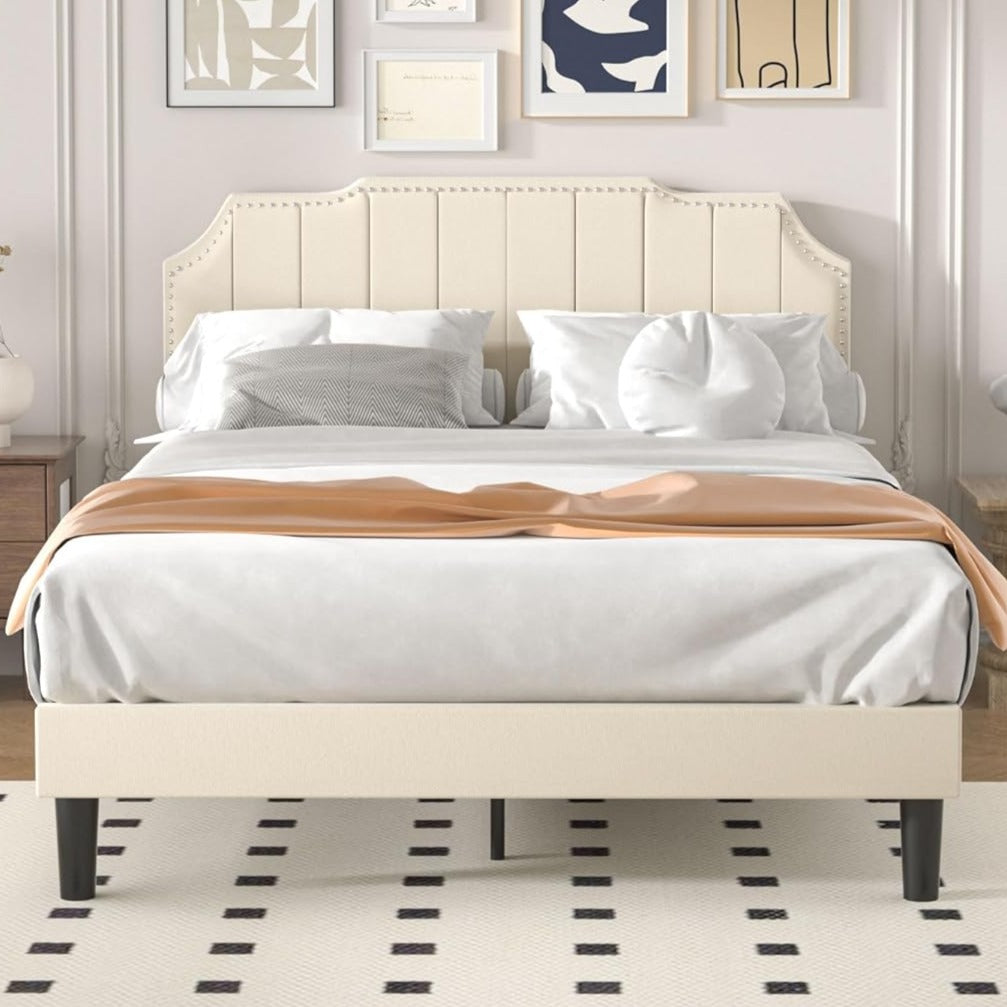 VECELO Upholstered Platform Bed Frame with Tufted Adjustable Headboard