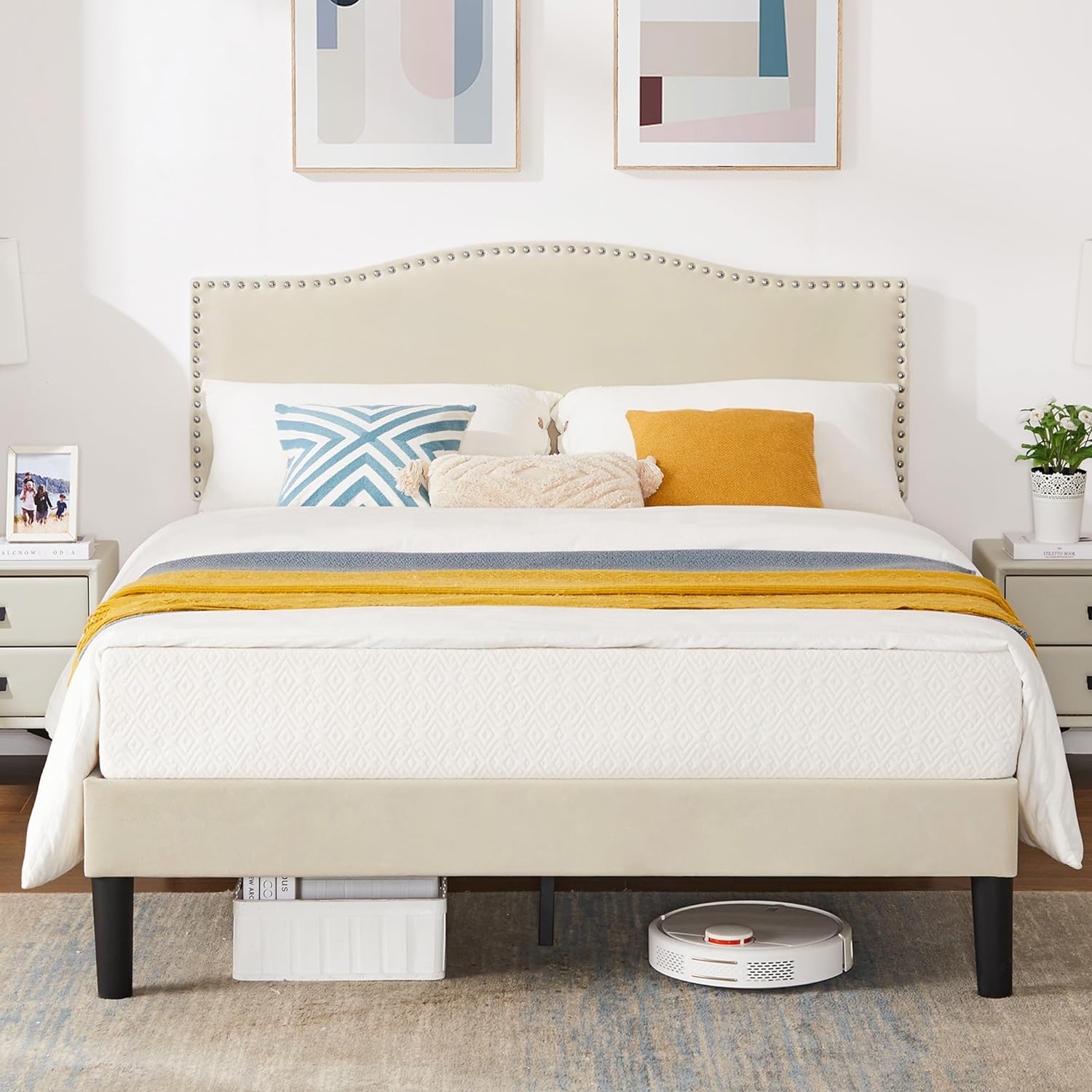 VECELO Bed Frame Platform with Upholstered Headboard & Wooden Slats Support - VECELO