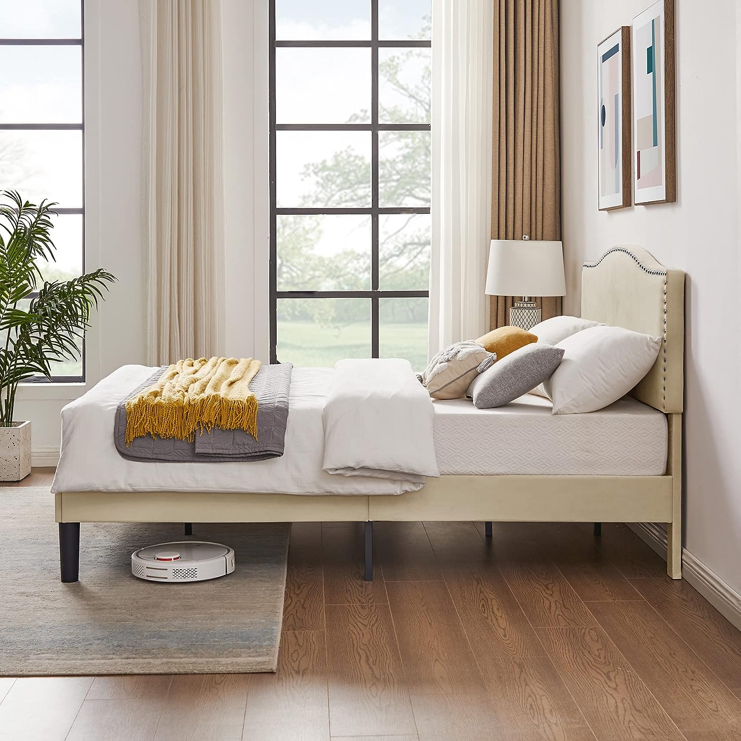 VECELO Bed Frame Platform with Upholstered Headboard & Wooden Slats Support - VECELO