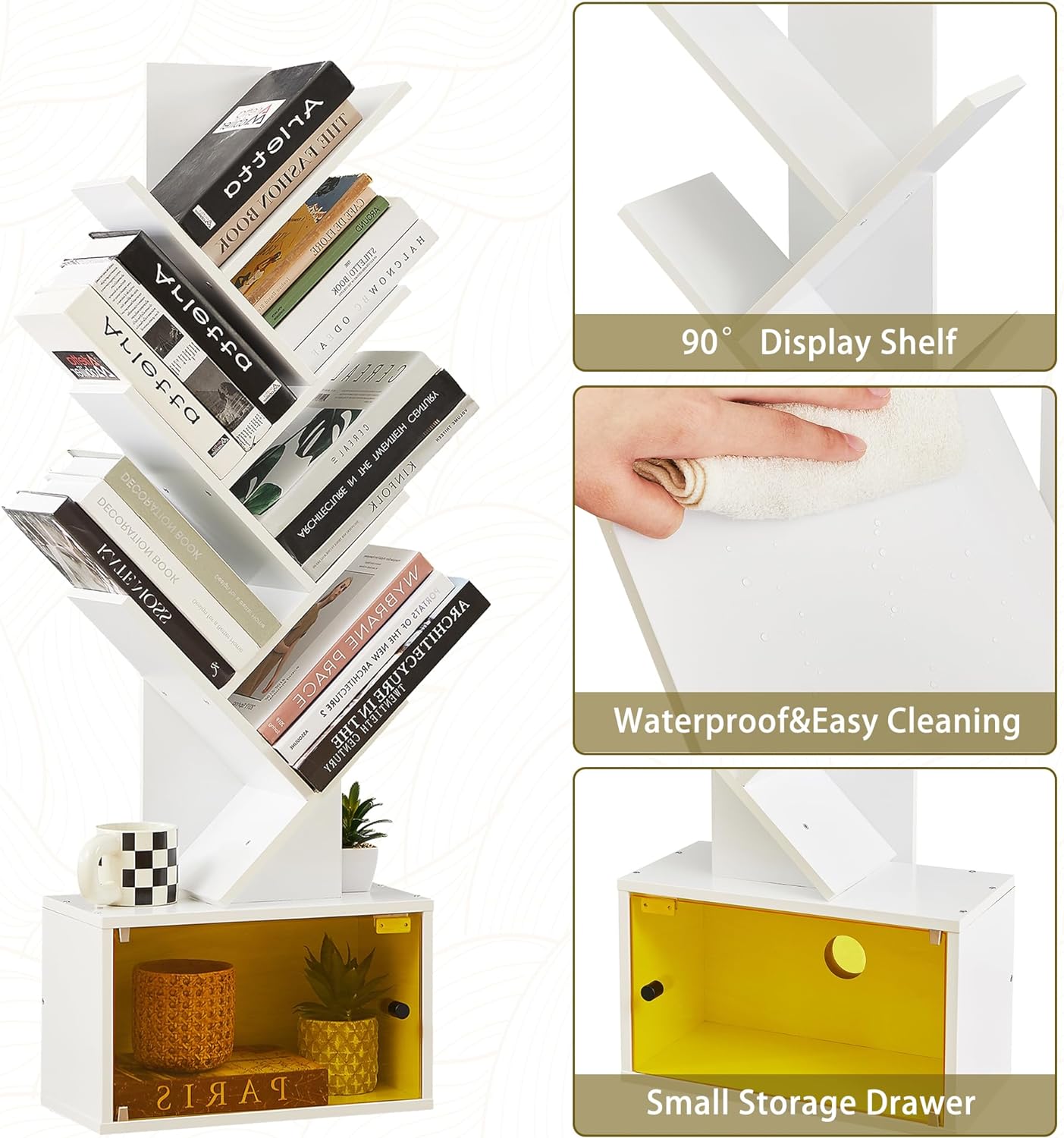 VECELO Tree Bookshelf, 7-Tier Tree Bookcase Wood Shelves Display with Storage Cabinet