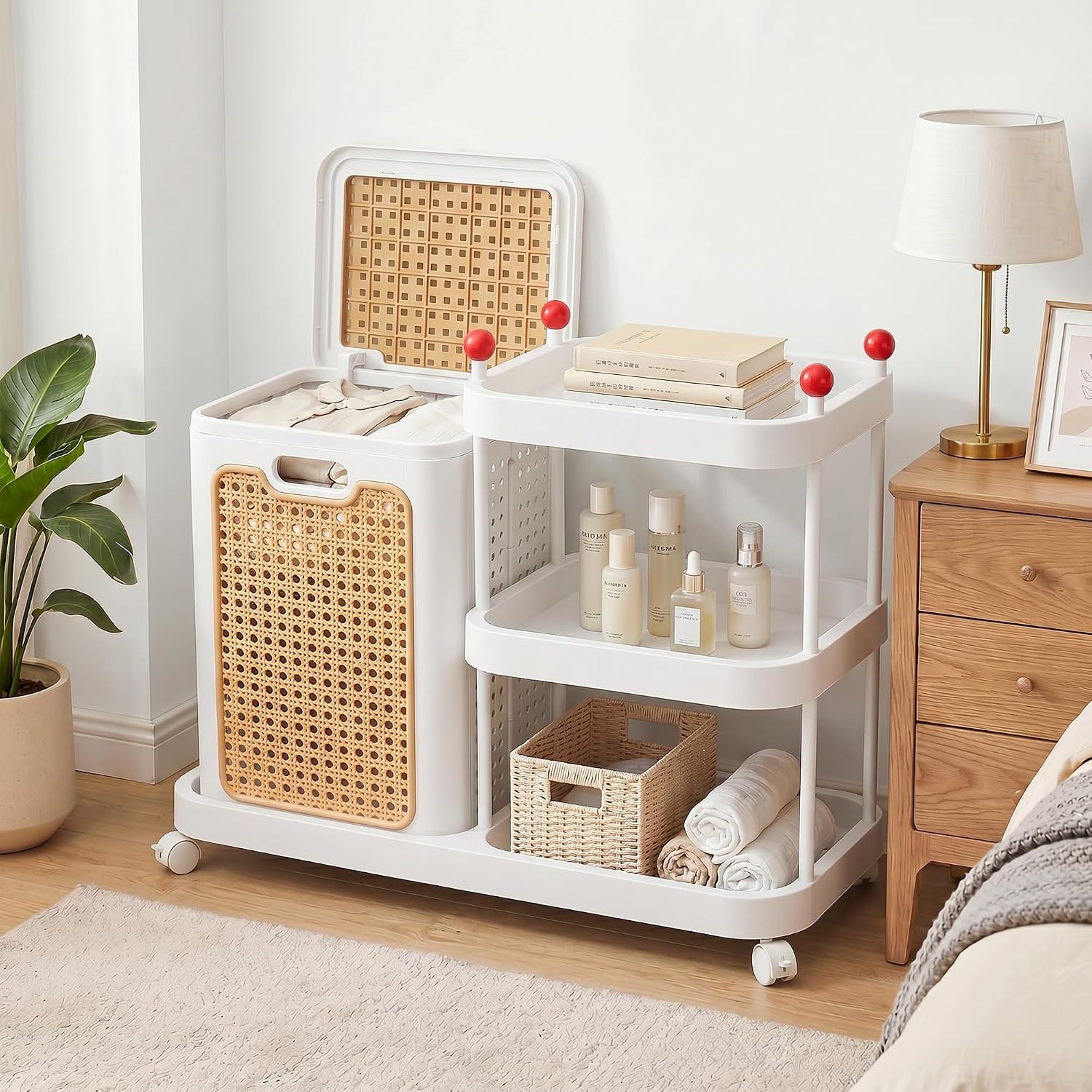 VECELO Rattan-Style Rolling Laundry Hamper Cart