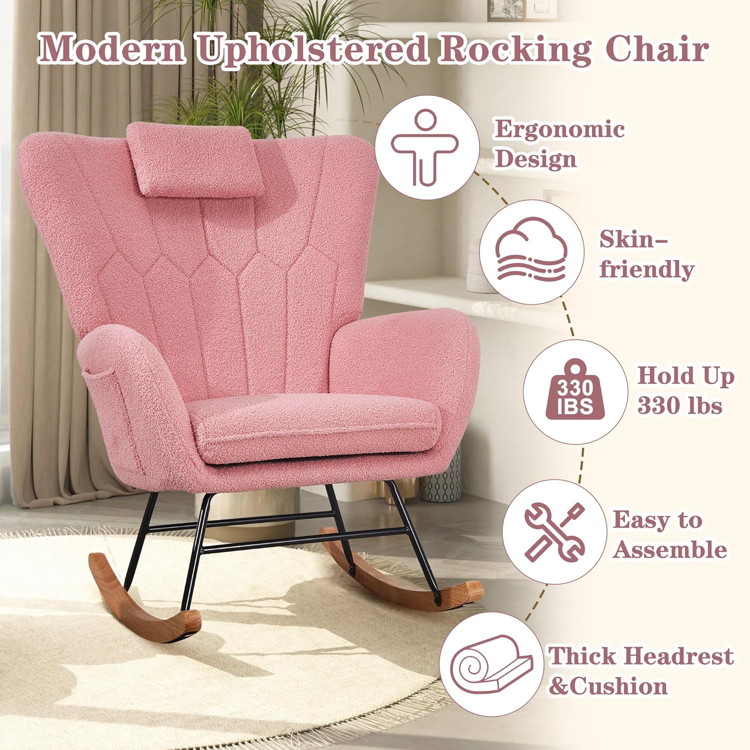 VECELO Rocking Chair Nursery with Thick Headrest, Modern Teddy Upholstered Reading Glider Rocker Accent Armchair with High Backrest