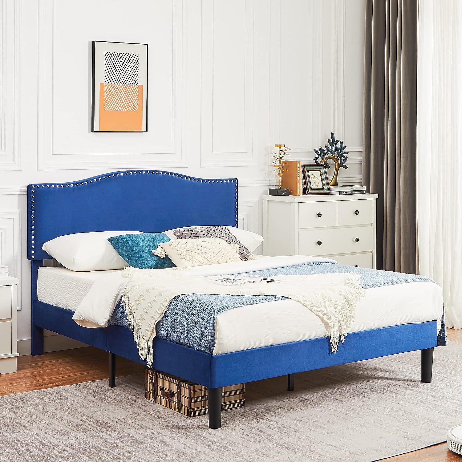 VECELO Bed Frame Platform with Upholstered Headboard & Wooden Slats Support - VECELO