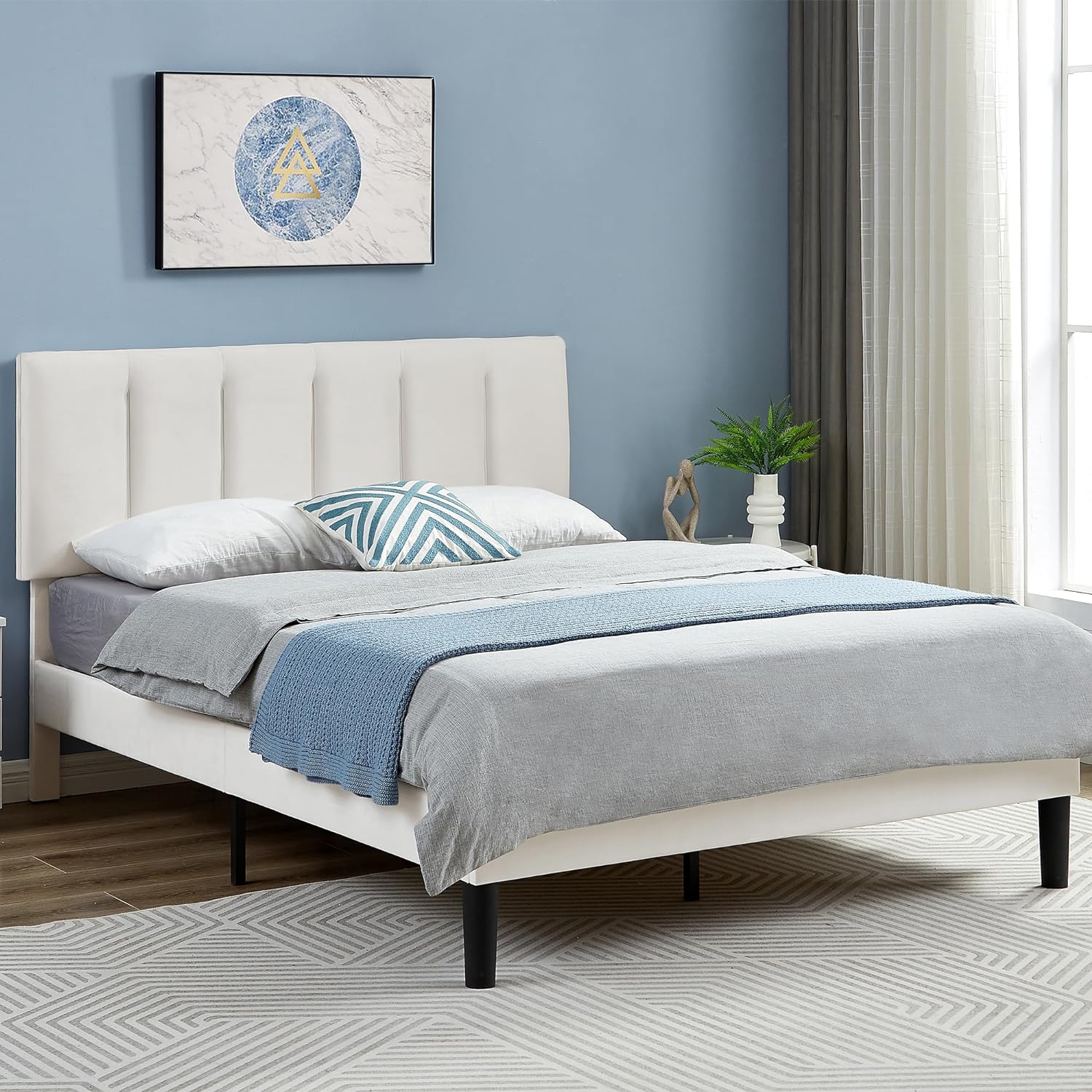 VECELO Modern Upholstered Platform Bedframe, Adjustable Headboard