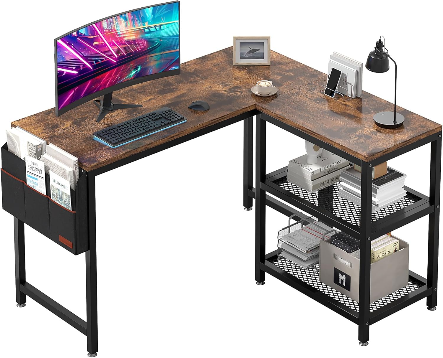 Homion L-Shaped Computer Desk With Fabric Pocket Hook & Storage Shelf – Modern Home Office