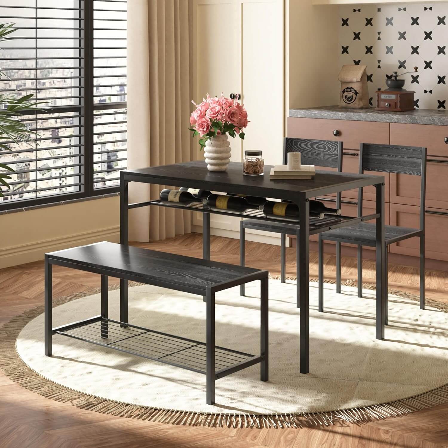 VECELO 4-piece dining table set with 2 chairs and bench, wooden chest design, wicker cushion, and safety hinges for entryway furniture.