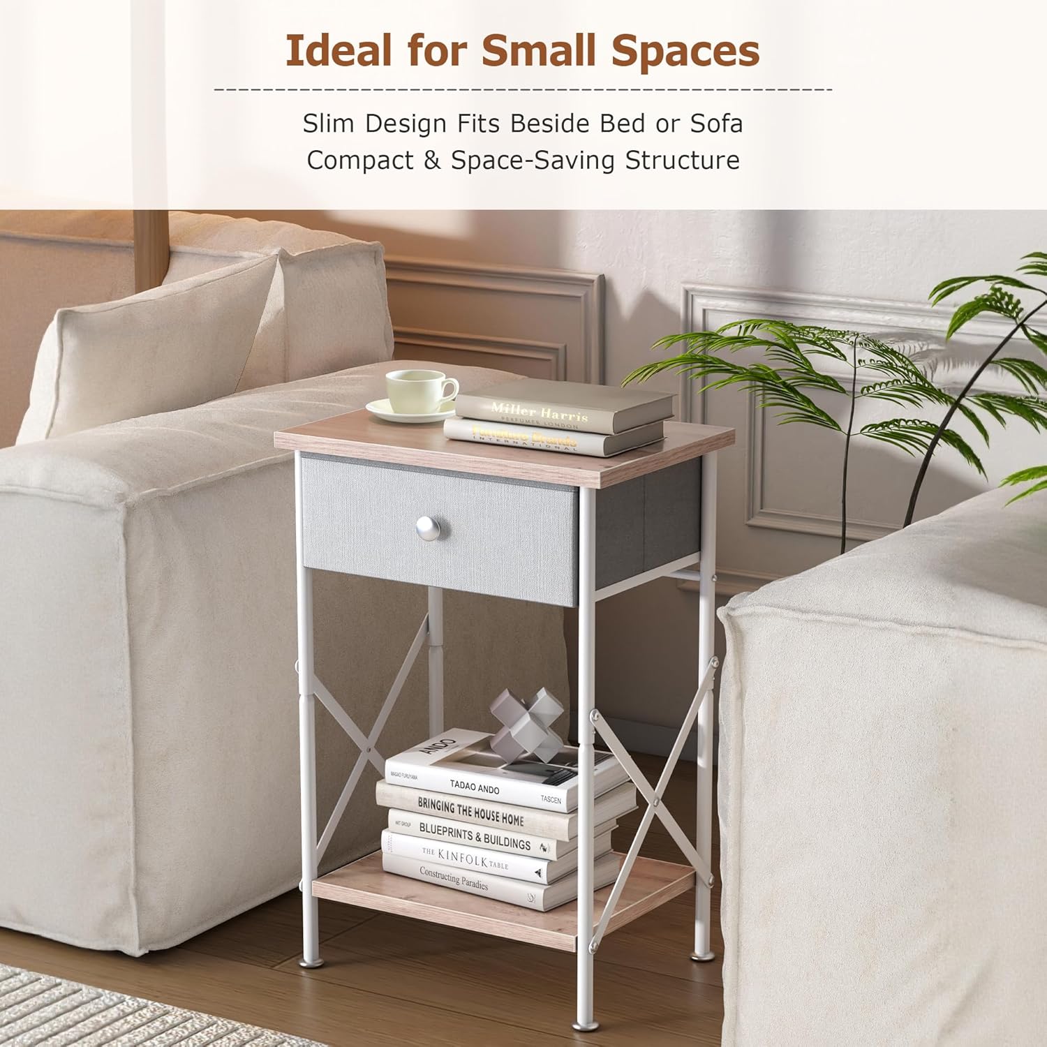 VECELO Nightstand with Drawer, Small Bedside Table with Storage and Adjustable Metal Legs