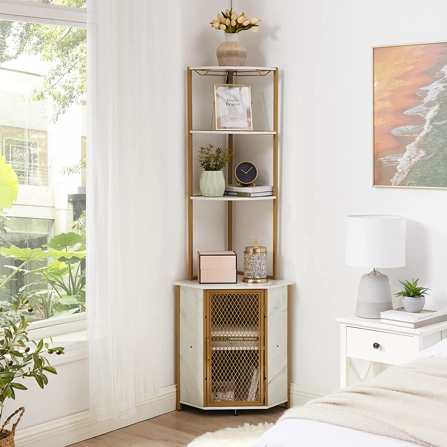 Corner Cabinet, Tall Storage Shelf Bookshelf Display Shelves Rack