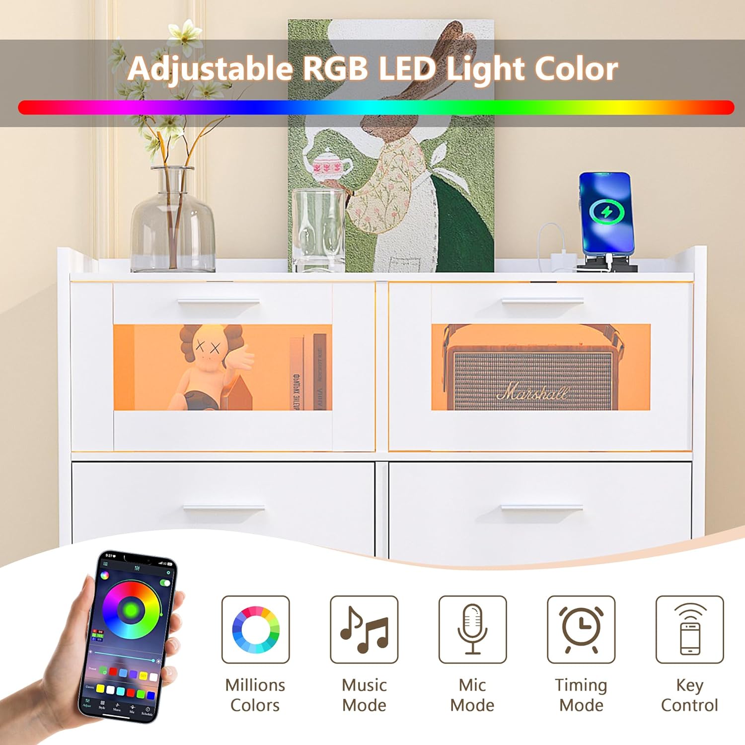 VECELO Dresser for Bedroom Chest of 4 Drawers/6 Drawer with Adjustable LED Lights