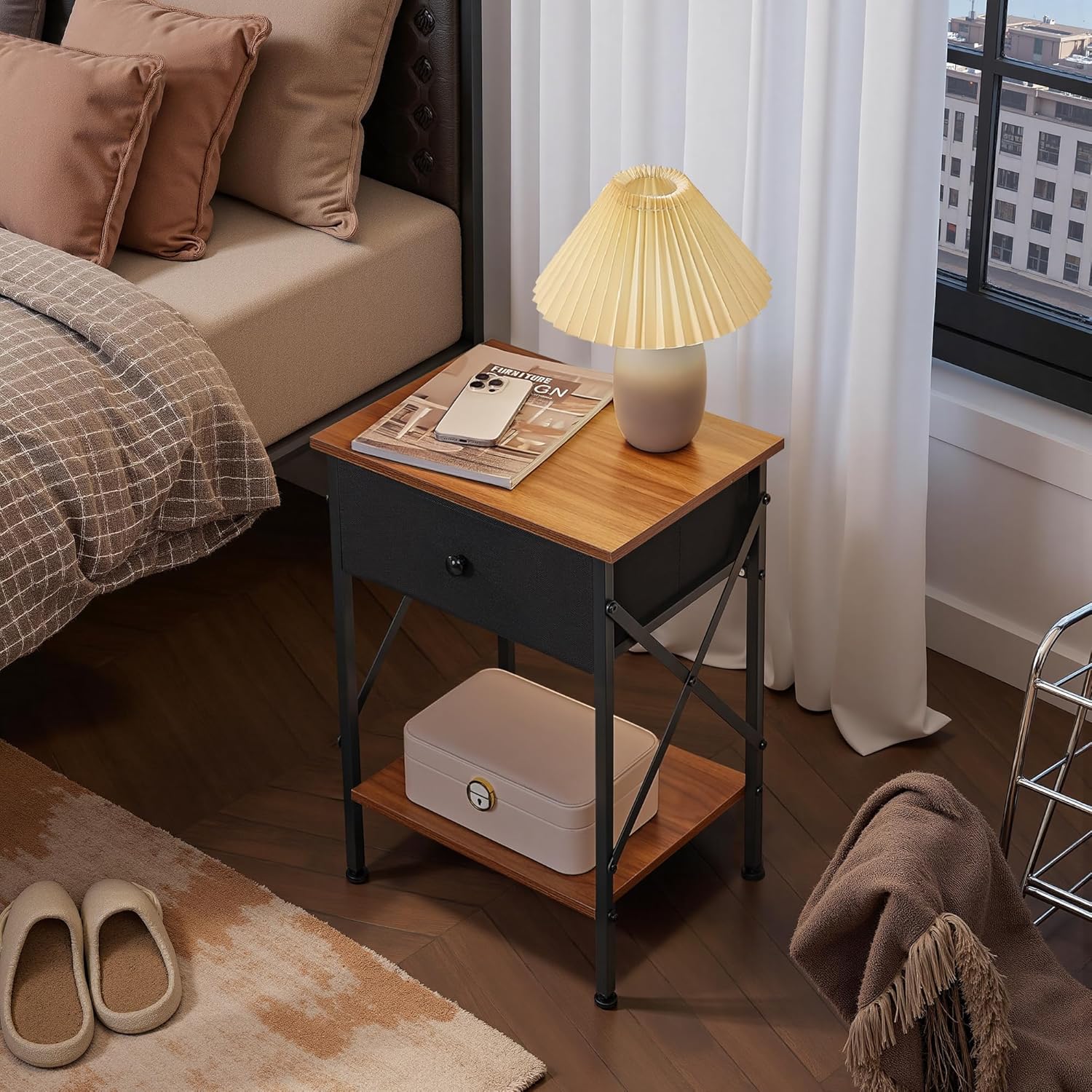 VECELO Nightstand Set of 2, X-Design End Side Table with Fabric Storage Drawer and Open Shelf