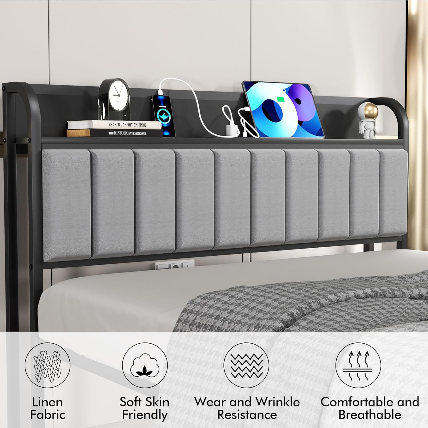 VECELO Bed Frame with Storage, Upholstered Platform Bedframe with Headboard
