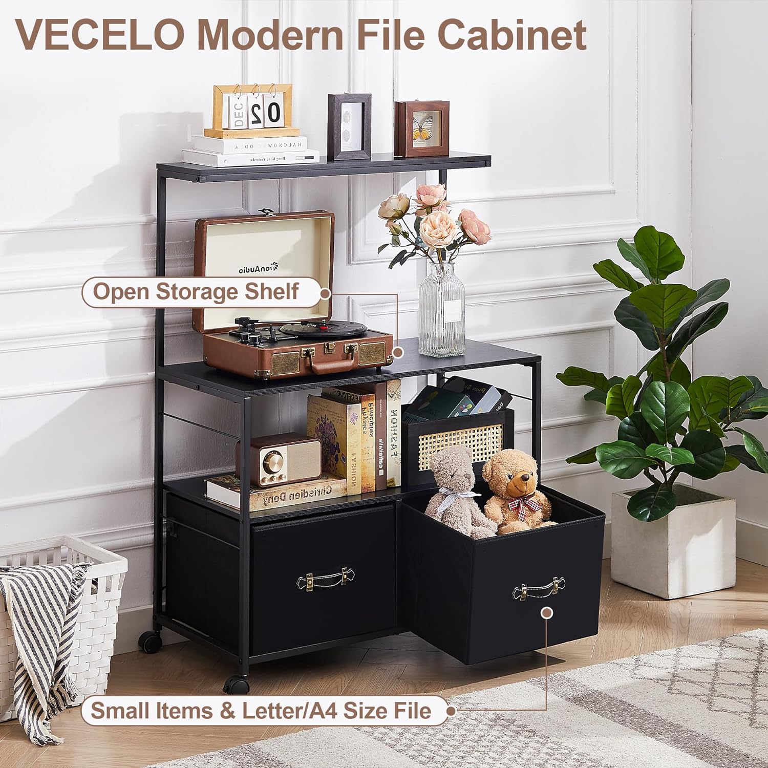 VECELO Lateral File Cabinet with 2 Big Rolling Printer Stand with 3 Open Storage Shelf