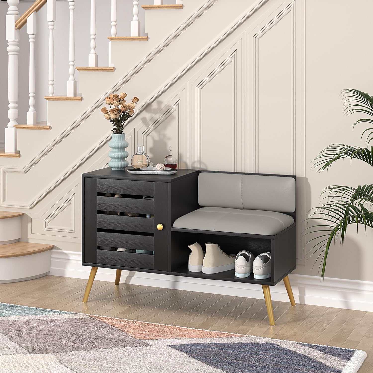 VECELO Entryway Bench with Storage Shoe Cabinet & Adjustable Shelf Louvered Door Removable PU Seat Cushion and Backrest