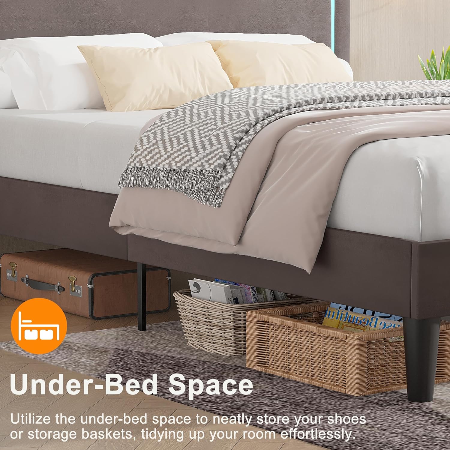 VECELO Upholstered Velvet Platform Bed Frame with Headboard Adjustable, LED Lights, USB-A & Type-C