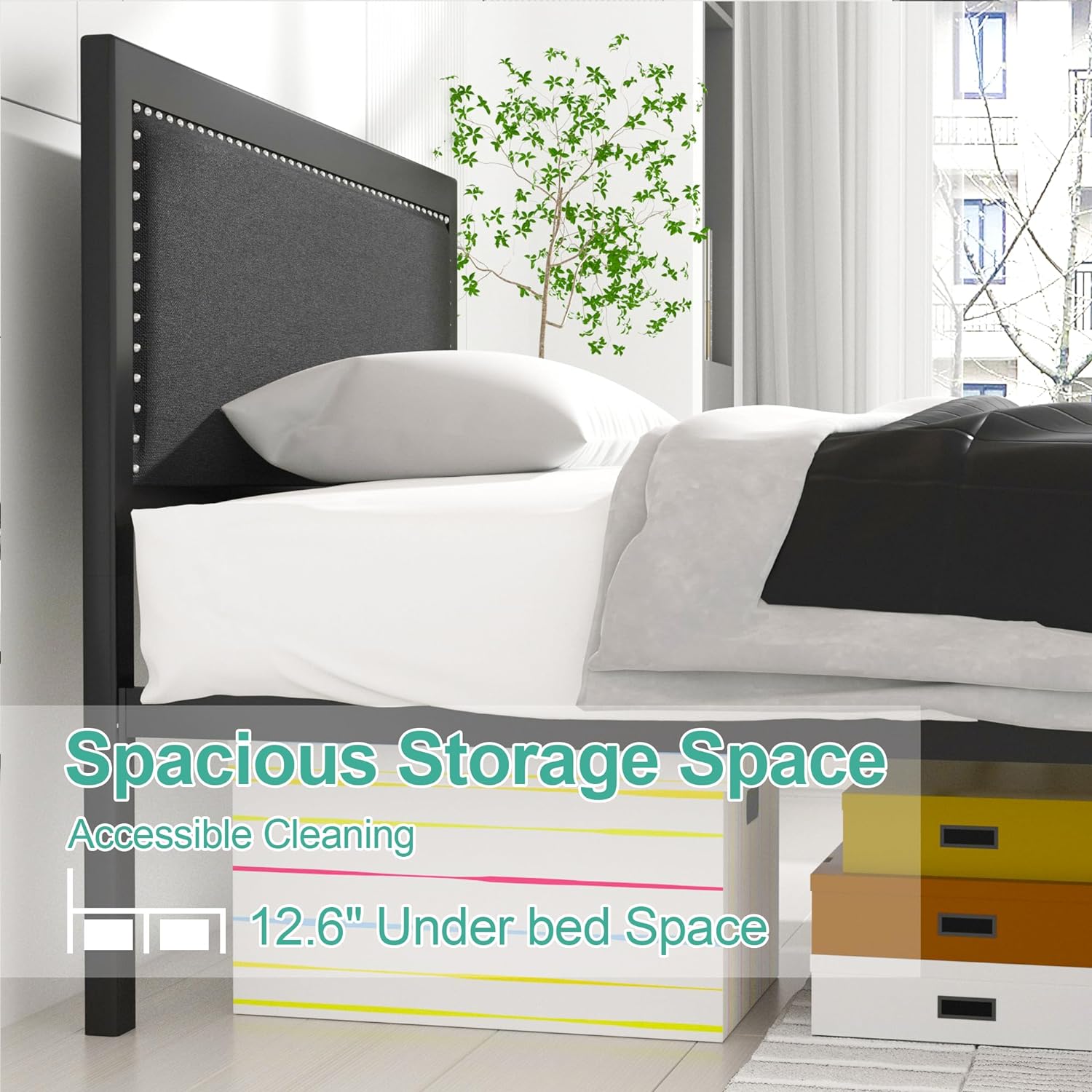 VECELO Bed Frame with Linen Fabric Headboard and Footboard No Box Spring Needed - VECELO