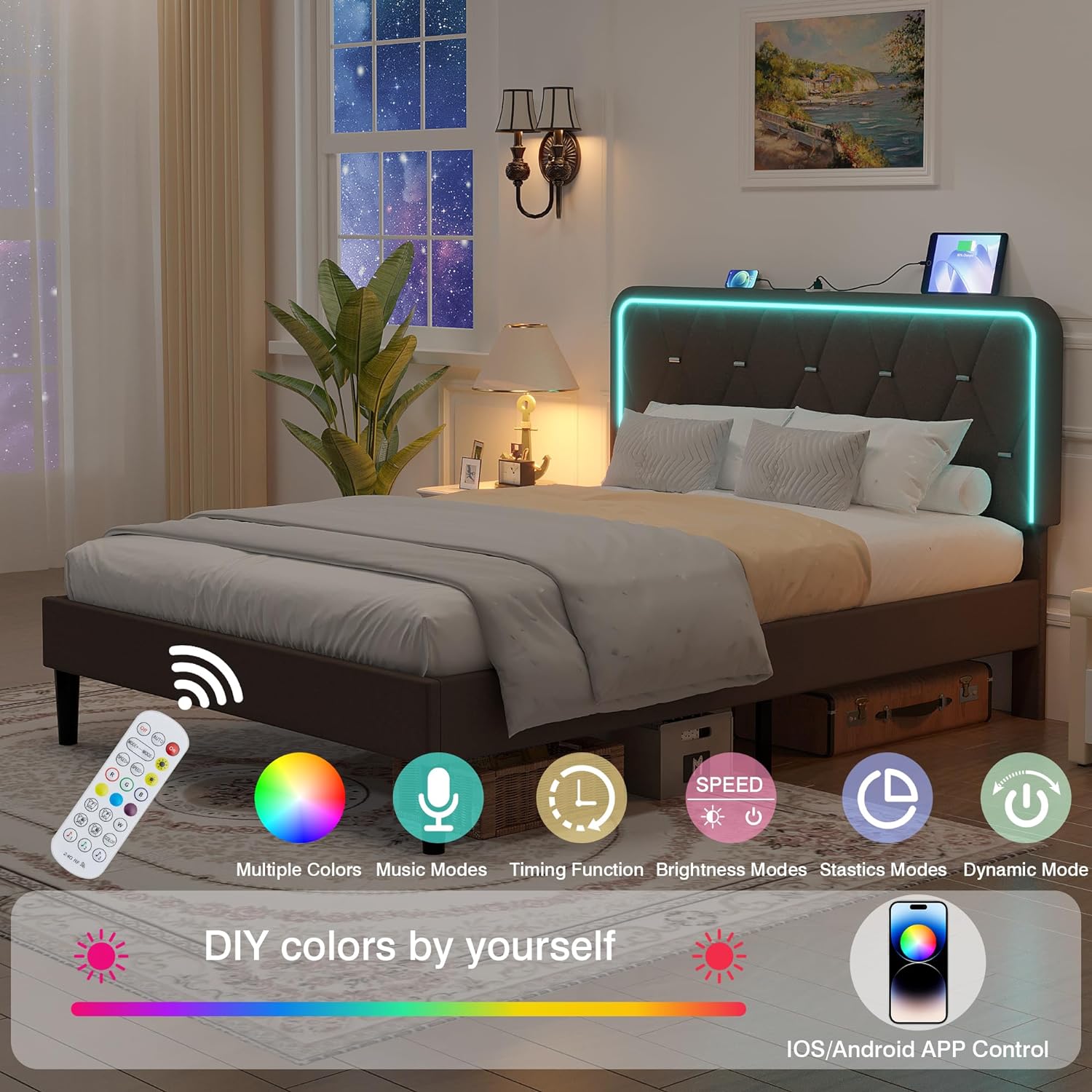 VECELO Upholstered Bed Frame with LED Lights, Charging Station, Velvet Platform Bed