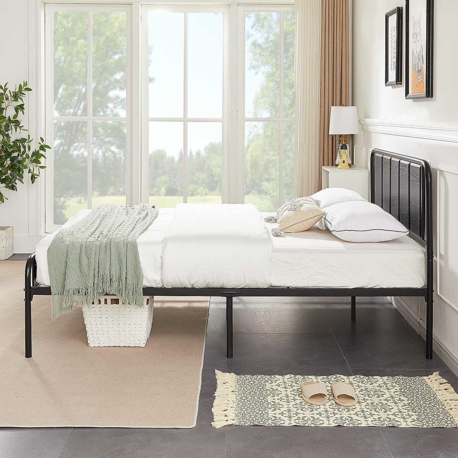 VECELO Bed Frame Metal Platform with Wooden Headboard Footboard Heavy Duty Mattress Foundation - VECELO