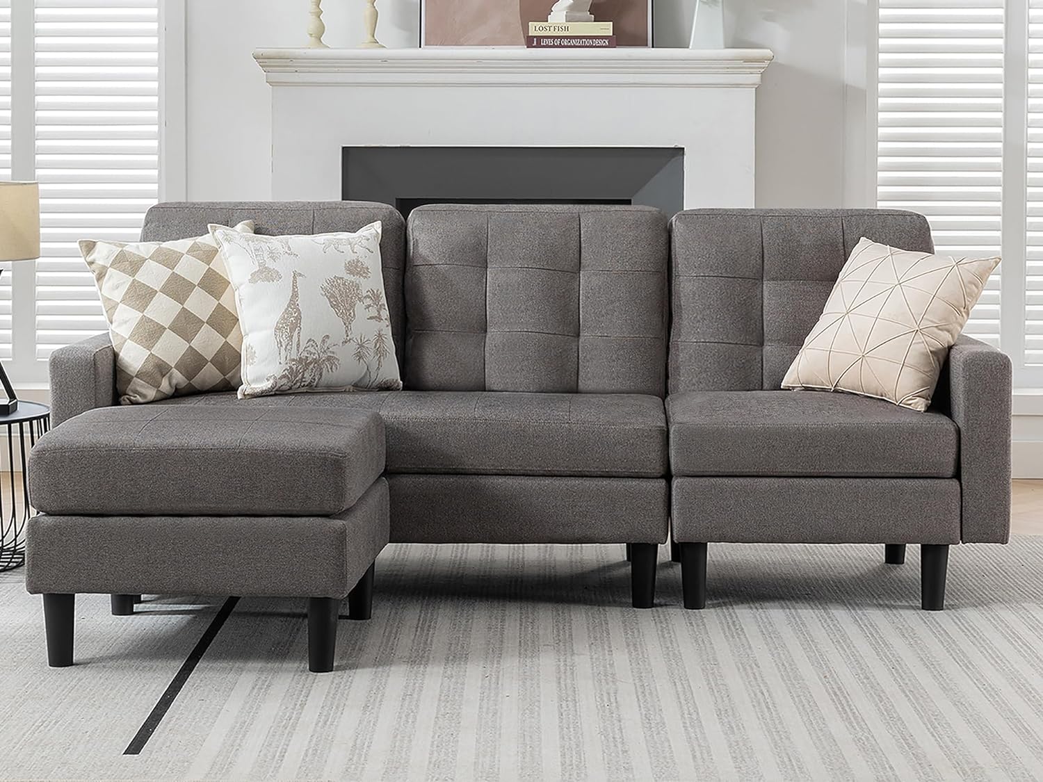 VECELO Convertible Sectional Sofa Modern Linen Fabric L-Shaped Couch with Reversible Chaise - VECELO