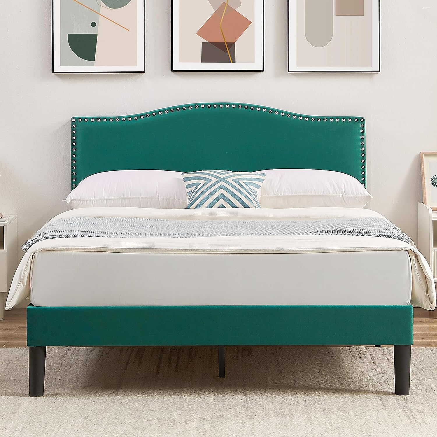 VECELO Bed Frame Platform with Upholstered Headboard & Wooden Slats Support - VECELO