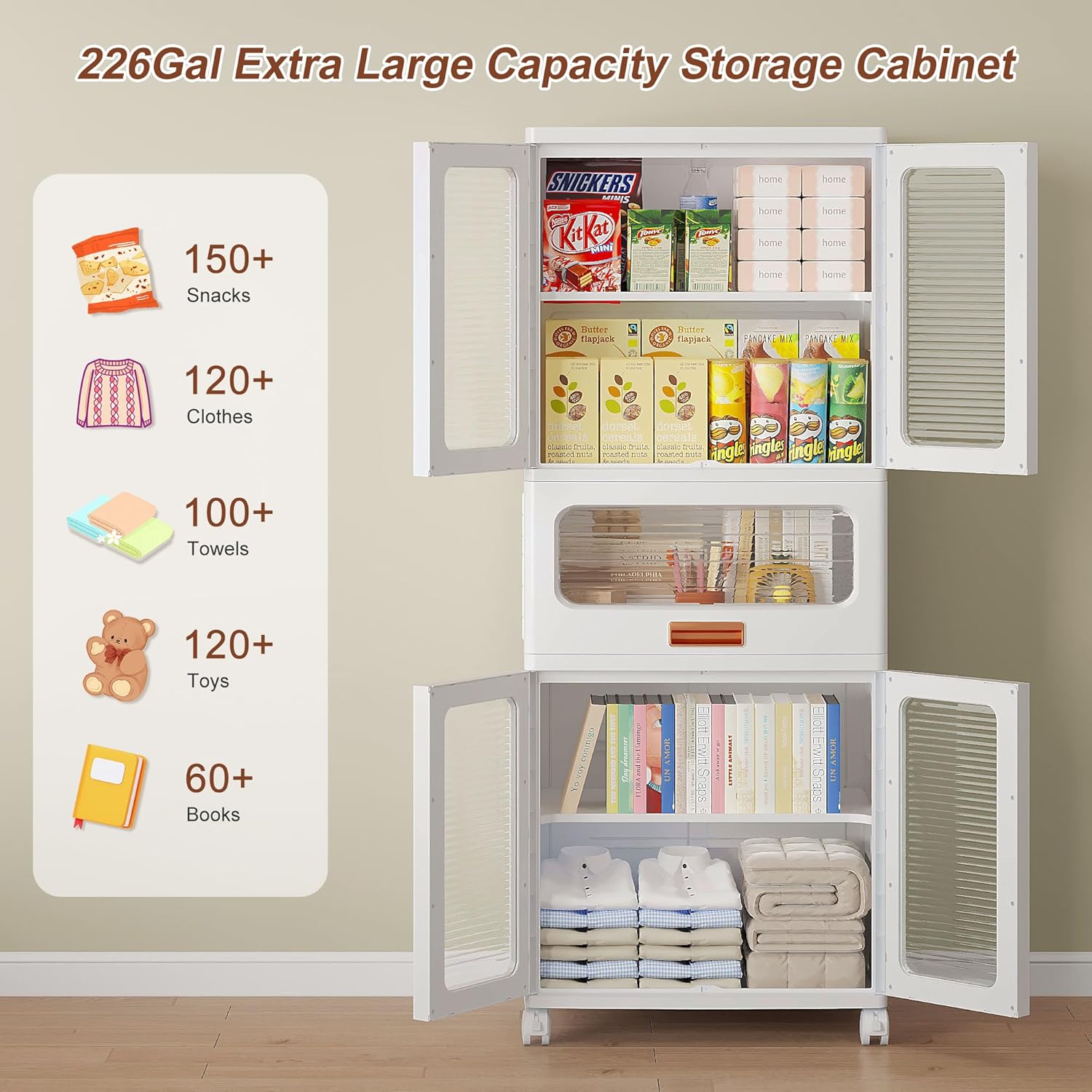 VECELO 226QT Stackable Storage Bins with Lids, Large Collapsible Storage Bins with Drawer and Movable Wheels