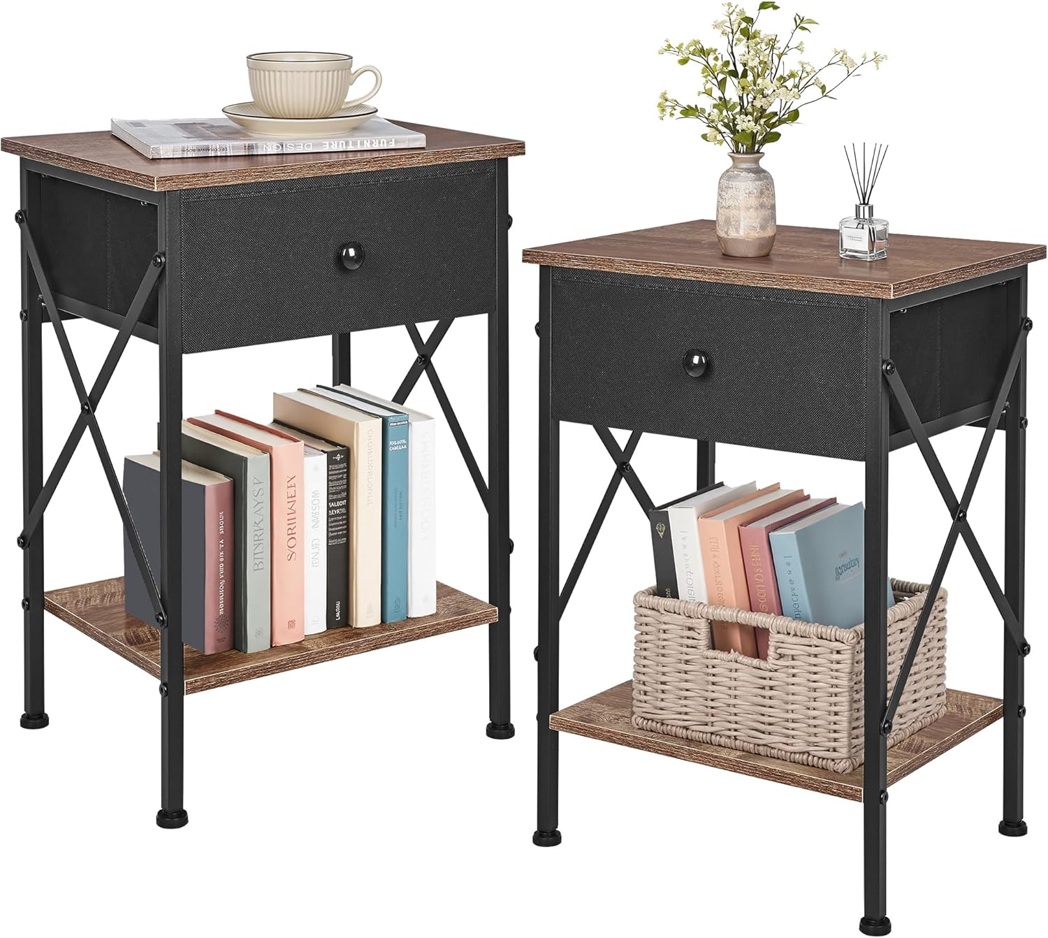 VECELO Nightstand Set of 2, X-Design End Side Table with Fabric Storag