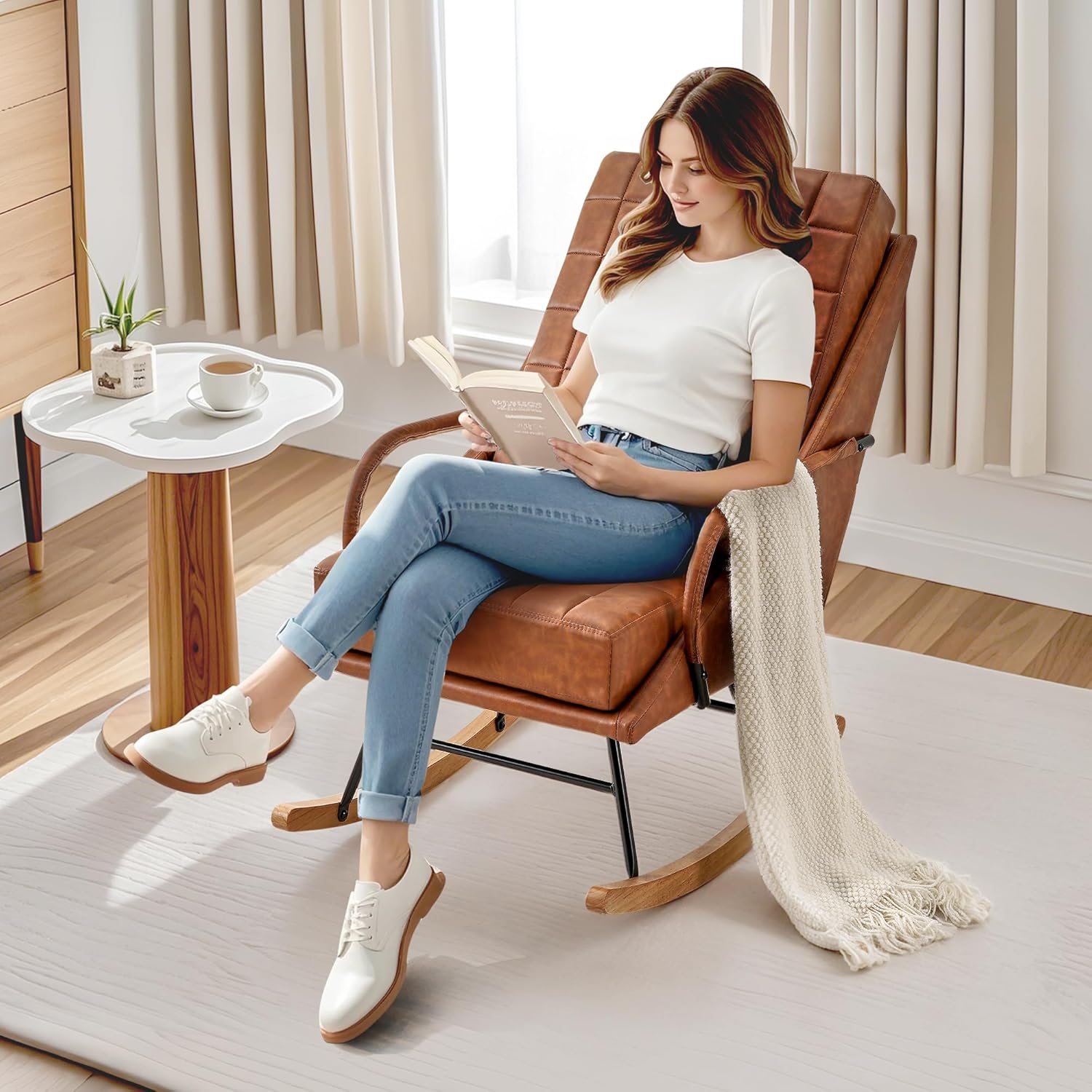 VECELO Rocking Chair Nursery Leather Glider Rocker with High Backrest