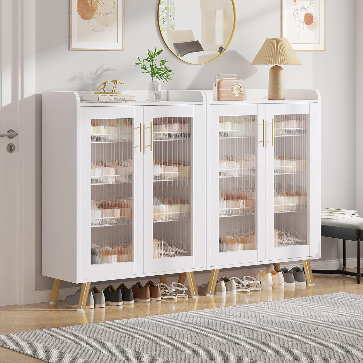 VECELO 4-Tier Shoe Storage Cabinet with Glass Doors and Shelves - VECELO