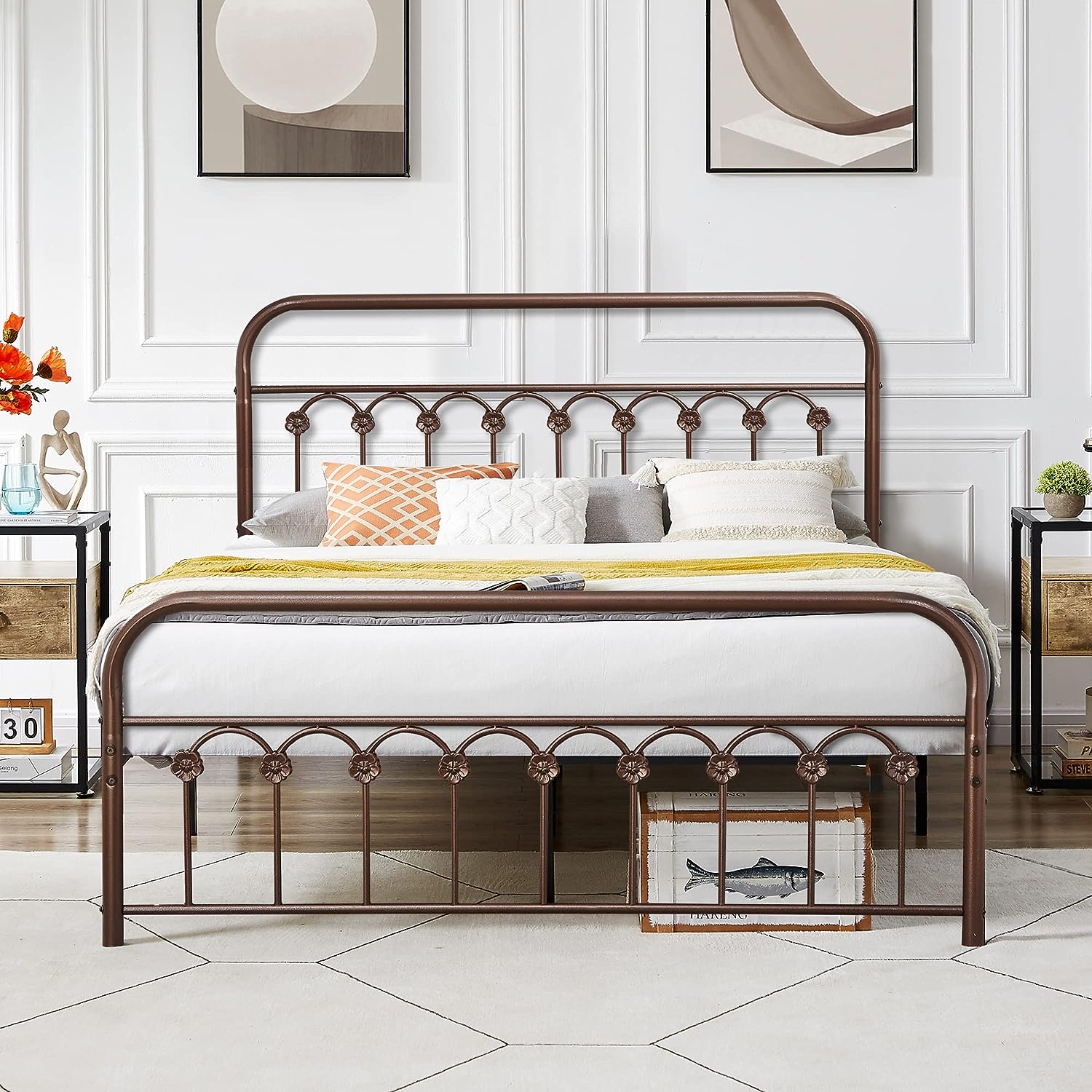 VECELO Metal Bed Frame/Mattress Foundation with Vintage Flower Headboard & Footboard