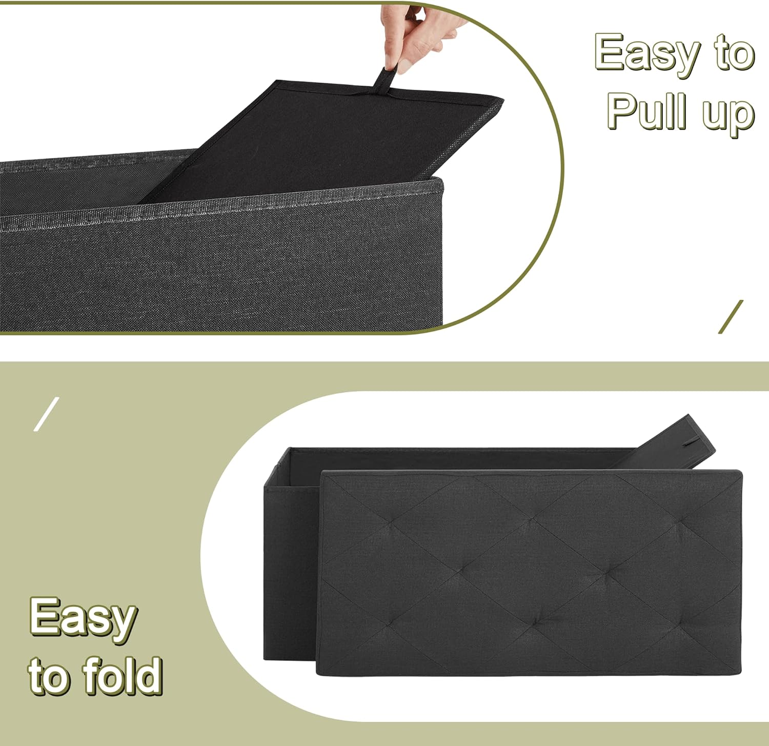 VECELO Folding Storage Ottoman Bench, Storage Chest, Linen Fabric