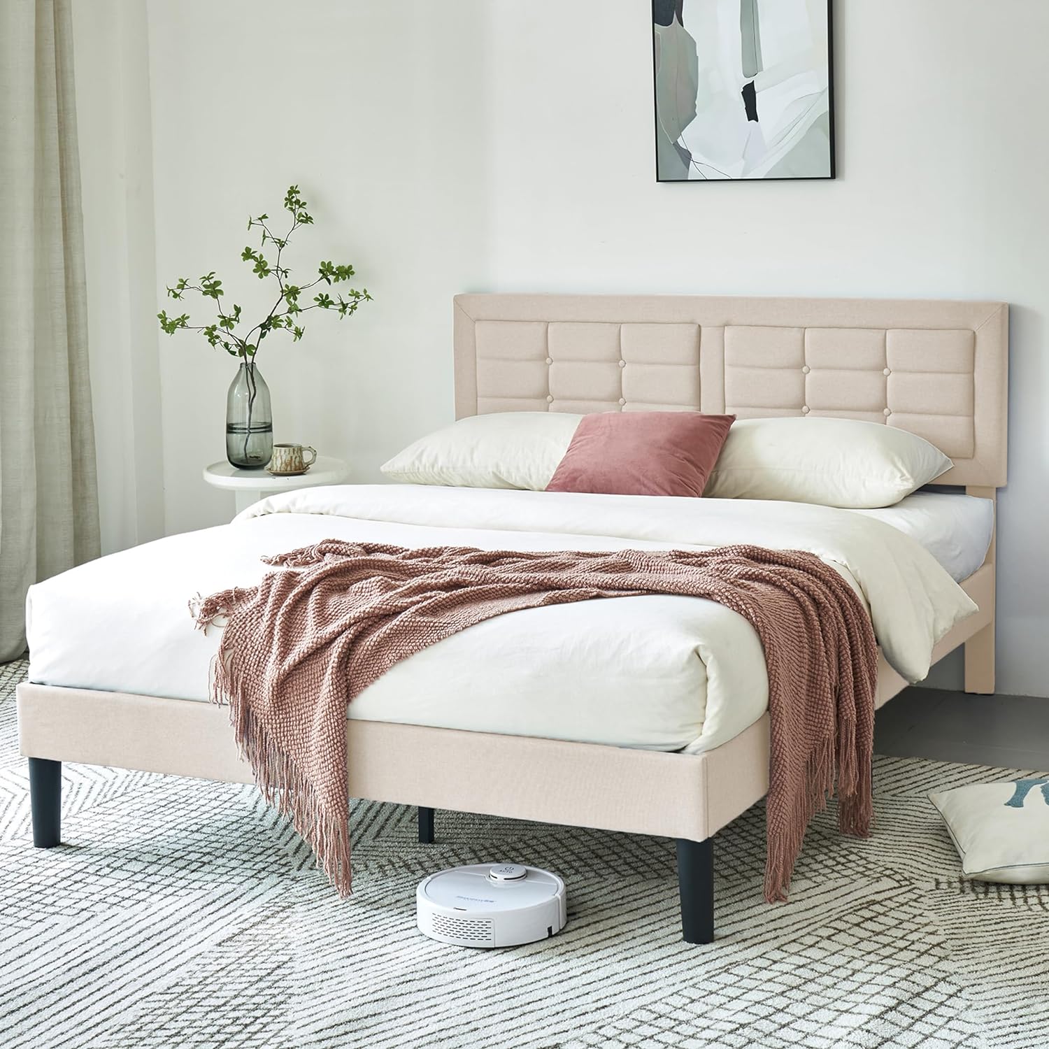 VECELO Upholstered Platform Bed Frame with Height Adjustable Headboard