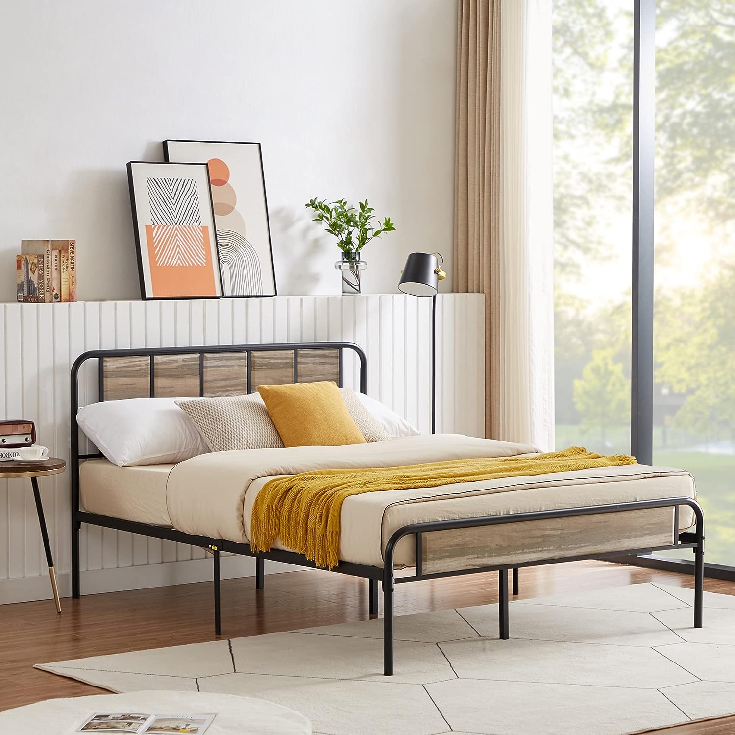 VECELO Bed Frame Metal Platform with Wooden Headboard Footboard Heavy Duty Mattress Foundation - VECELO